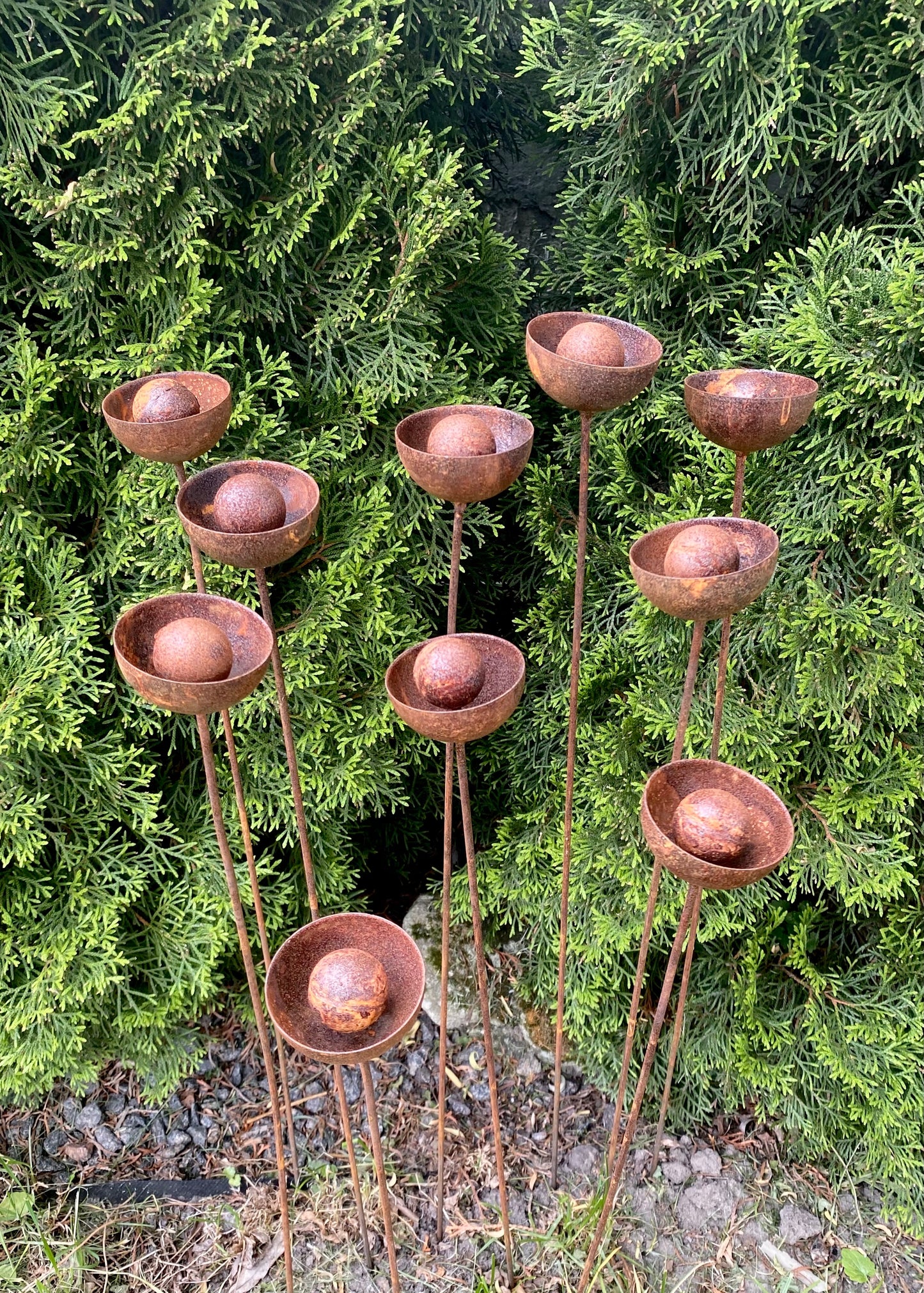 Set of 10 rusty flowers, Metal garden decorations, Yard art, Outdoor metal decor, Rusty metal rain catchers, beautiful garden stakes