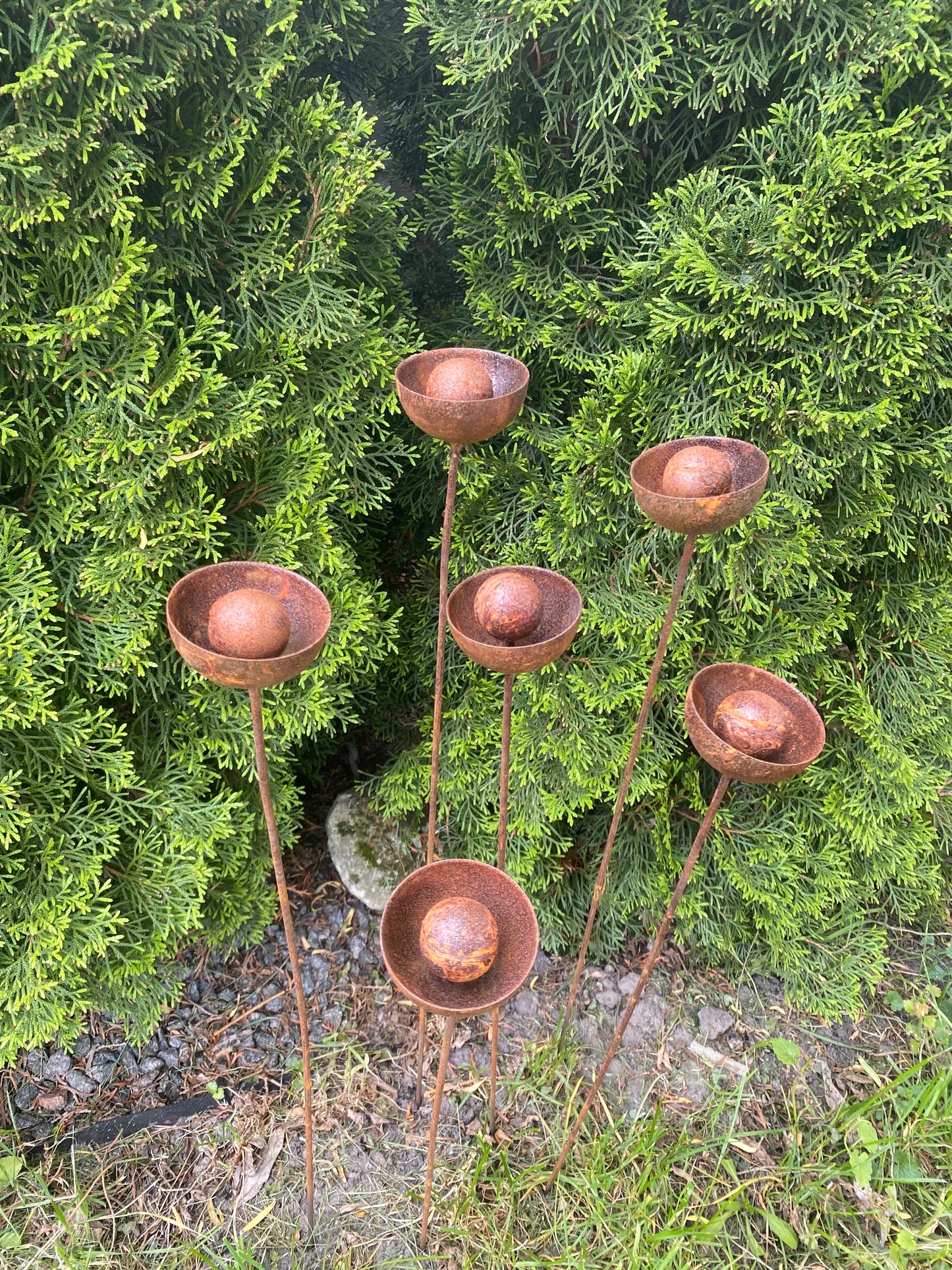 Set of 6 rusty flowers, Metal garden decorations, Yard art, Outdoor metal decor, Rusty metal rain catchers, beautiful garden stakes