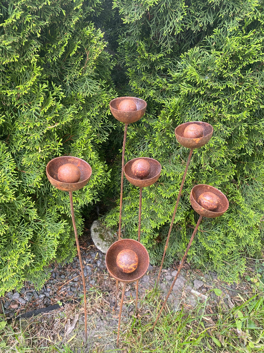 Set of 6 rusty flowers, Metal garden decorations, Yard art, Outdoor metal decor, Rusty metal rain catchers, beautiful garden stakes.