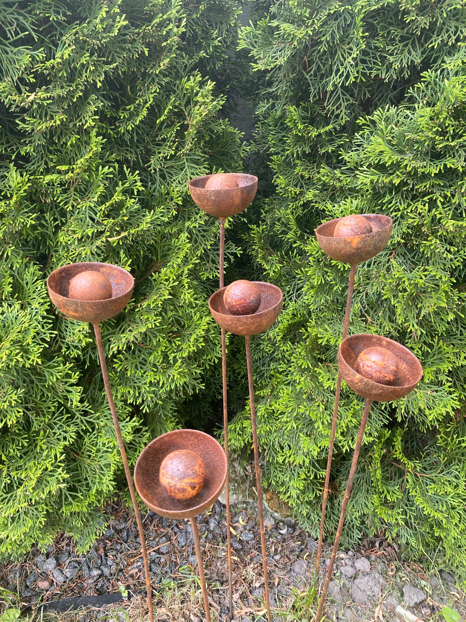 Set of 6 rusty flowers, Metal garden decorations, Yard art, Outdoor metal decor, Rusty metal rain catchers, beautiful garden stakes