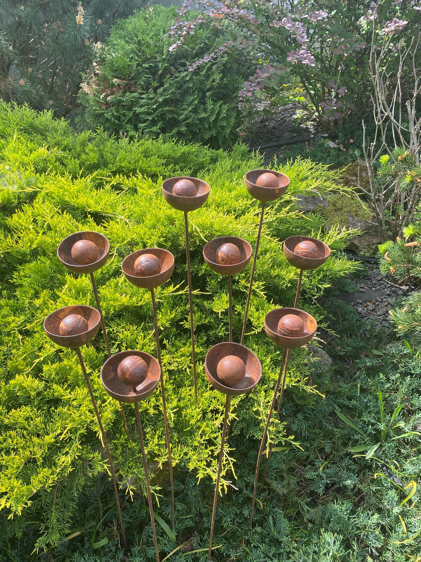 Set of 10 rusty flowers, Metal garden decorations, Yard art, Outdoor metal decor, Rusty metal rain catchers, beautiful garden stakes