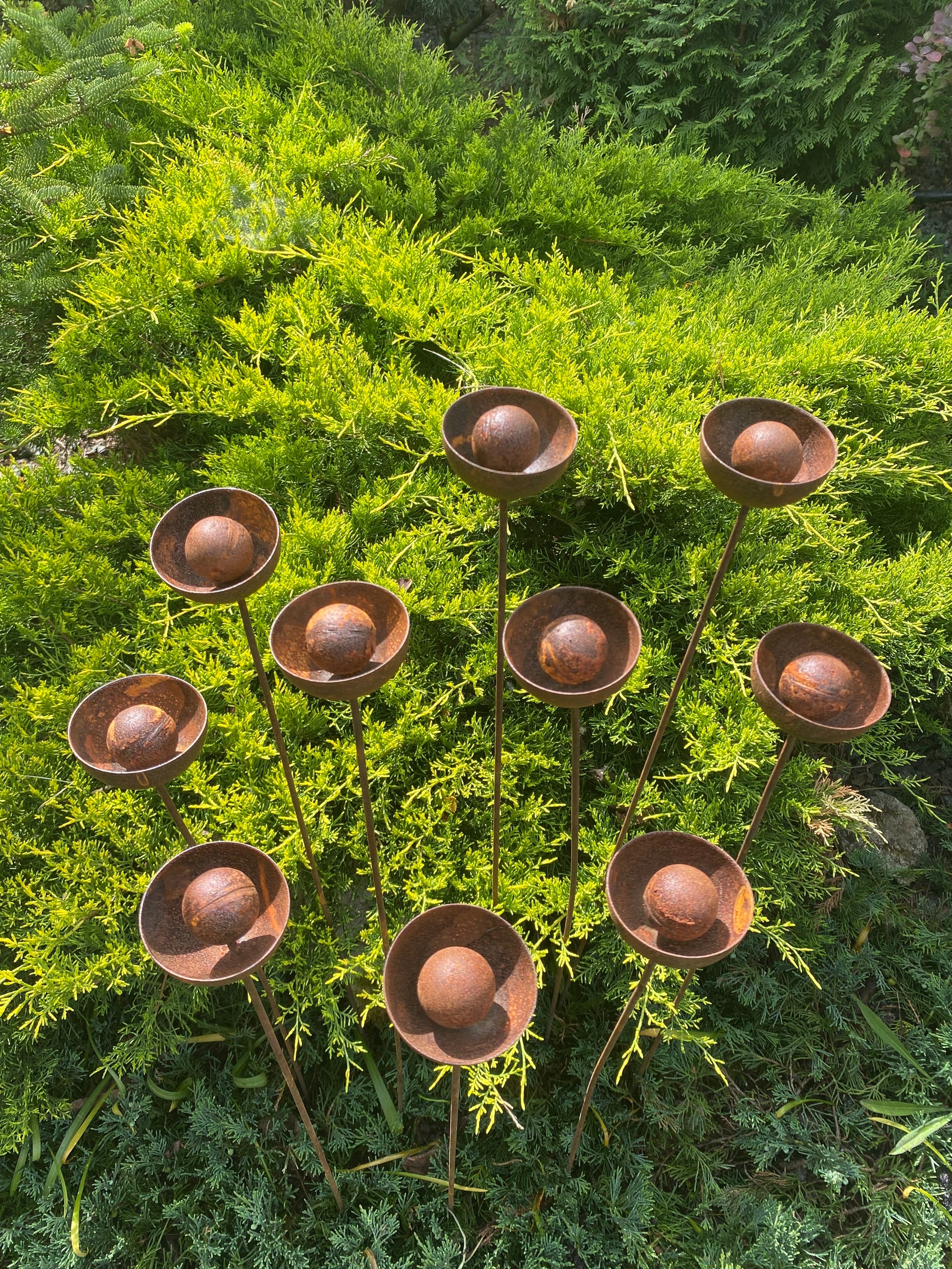 Set of 10 rusty flowers, Metal garden decorations, Yard art, Outdoor metal decor, Rusty metal rain catchers, beautiful garden stakes