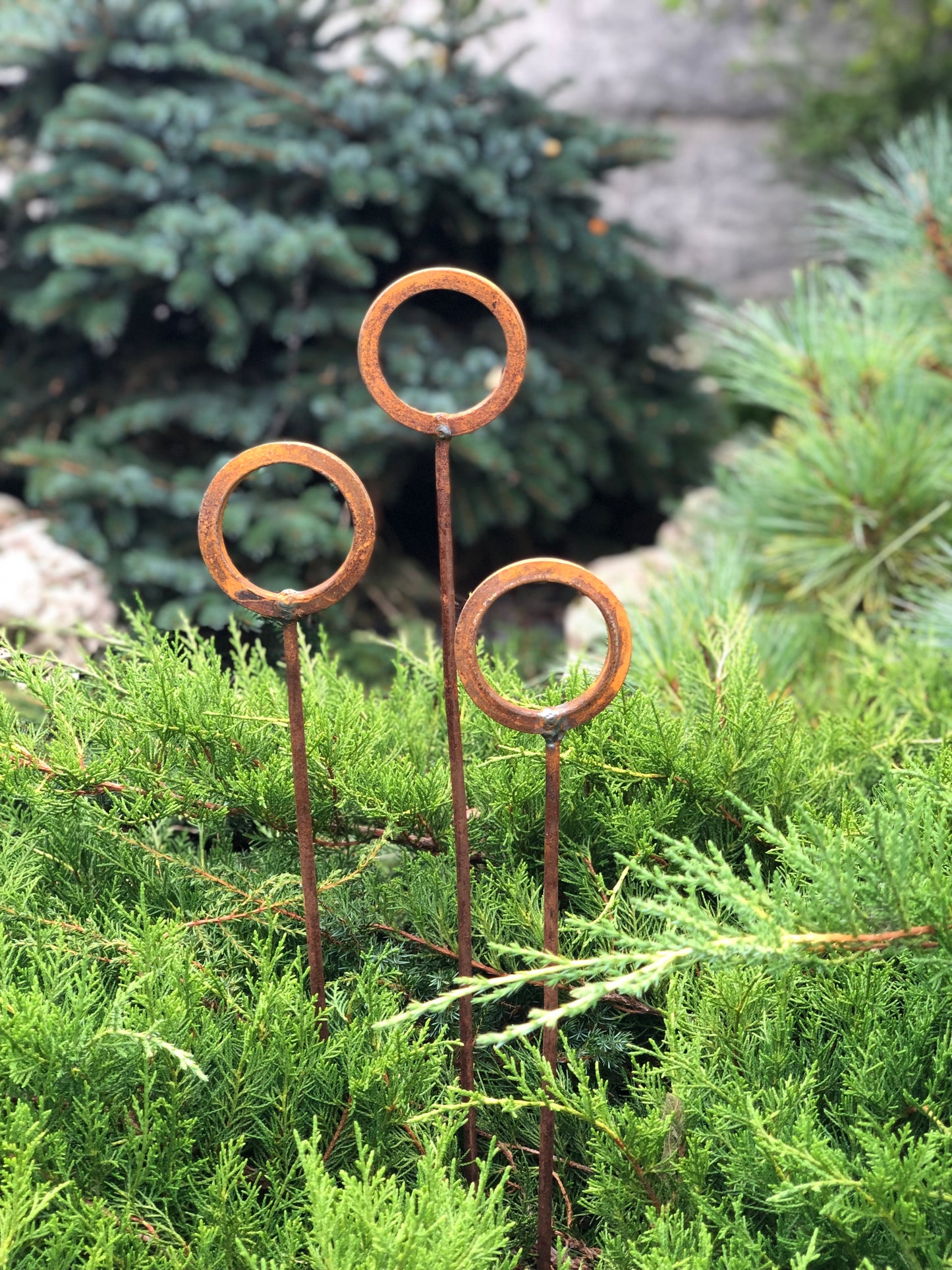 Set of 3 Rusty Metal garden stakes, Rusty garden finials, Metal garden decor, metal yard art, outdoor metal decor, Rusty metal garden decor