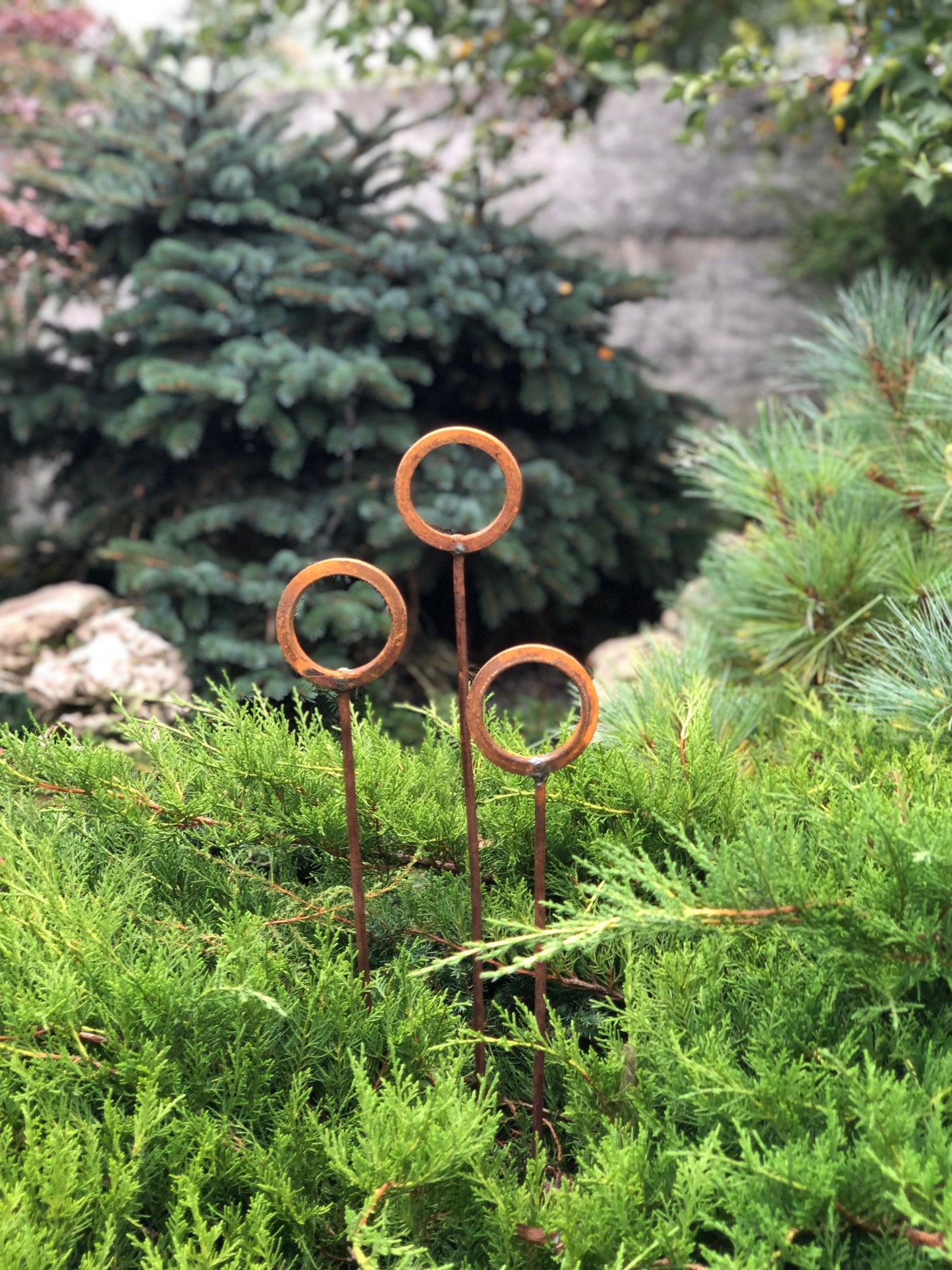 Set of 3 Rusty Metal garden stakes, Rusty garden finials, Metal garden decor, metal yard art, outdoor metal decor, Rusty metal garden decor