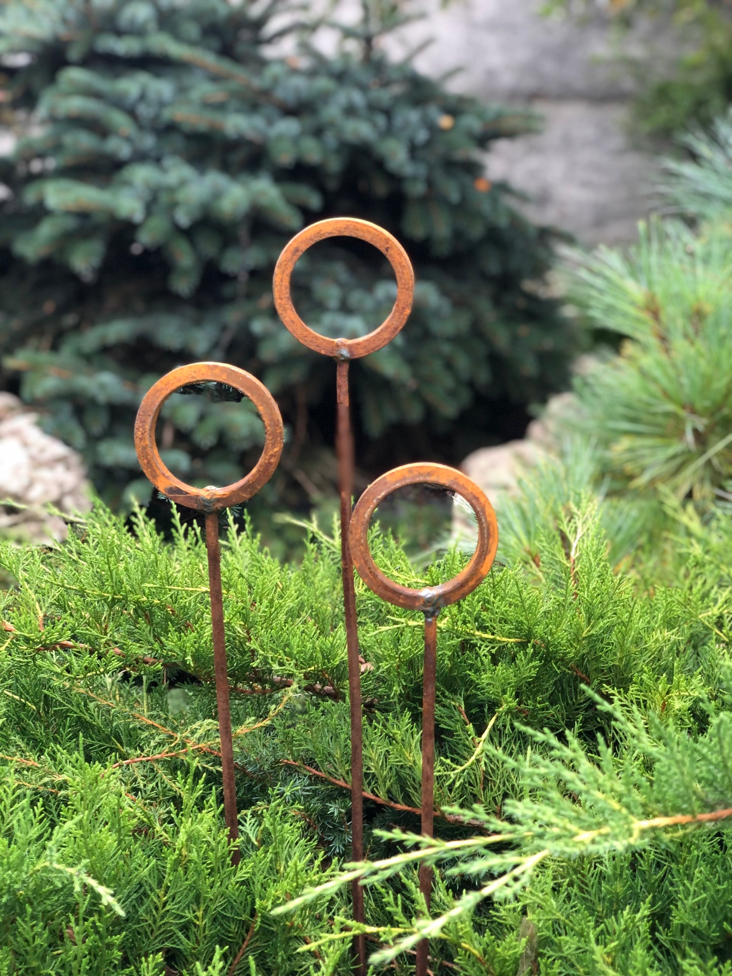 Set of 3 Rusty Metal garden stakes, Rusty garden finials, Metal garden decor, metal yard art, outdoor metal decor, Rusty metal garden decor