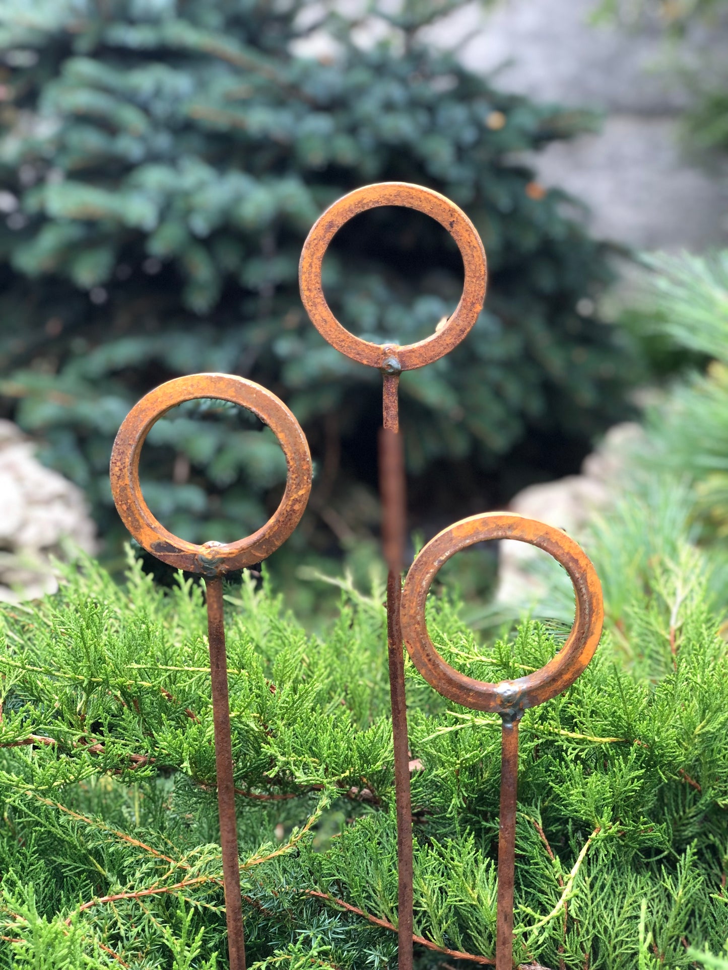 Set of 3 Rusty Metal garden stakes, Rusty garden finials, Metal garden decor, metal yard art, outdoor metal decor, Rusty metal garden decor