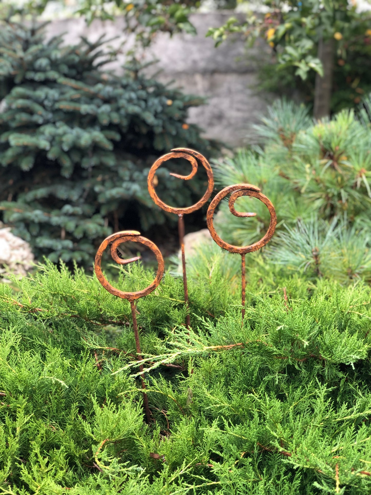 Set of 3 Rusty Metal garden stakes, Rusty garden finials, Metal garden decor, metal yard art, outdoor metal decor, Rusty metal garden decor