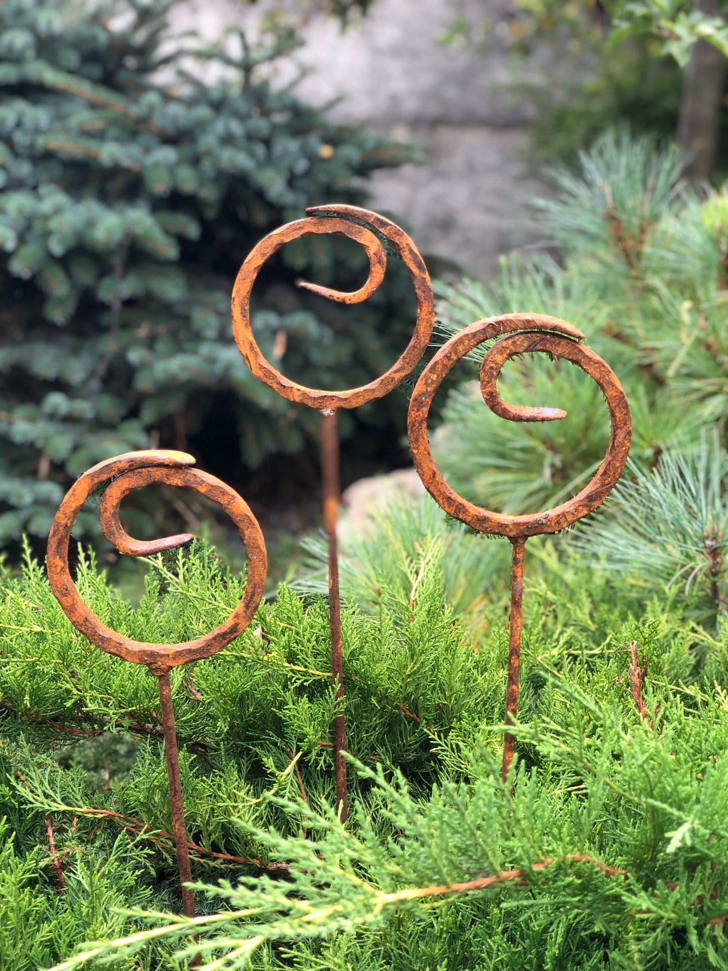 Set of 3 Rusty Metal garden stakes, Rusty garden finials, Metal garden decor, metal yard art, outdoor metal decor, Rusty metal garden decor