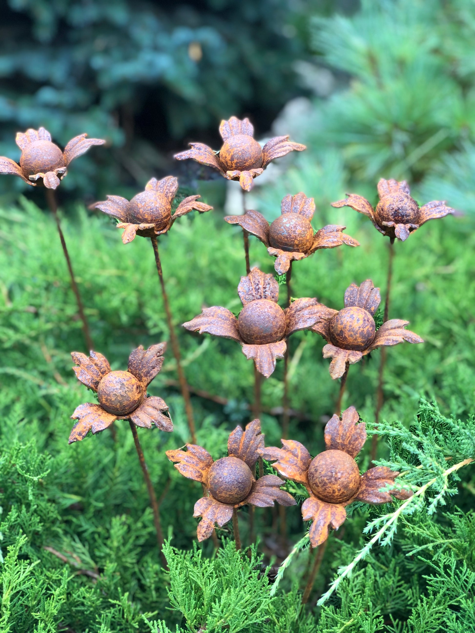 Rusty flowers set of 10, 10 Rusty flowers garden stakes, Metal garden decor, metal yard art, outdoor metal decor, Rusty metal garden decor