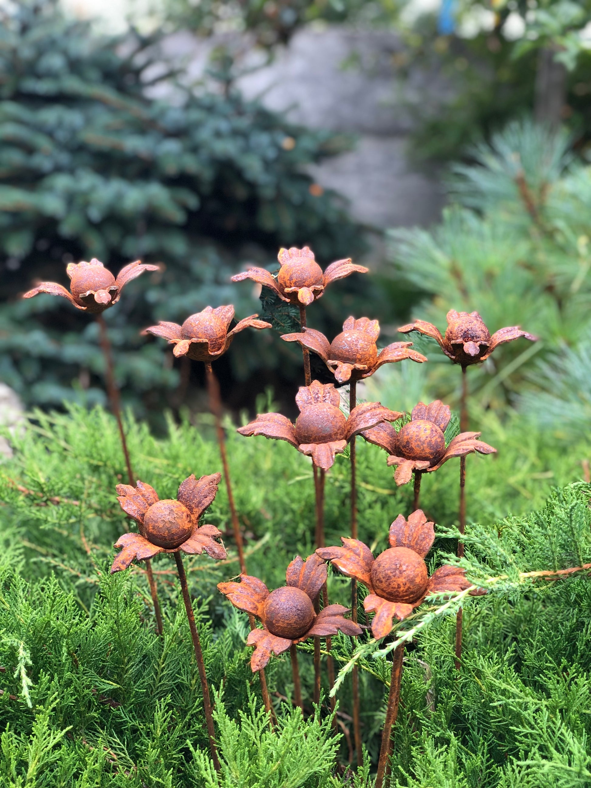 Rusty flowers set of 10, 10 Rusty flowers garden stakes, Metal garden decor, metal yard art, outdoor metal decor, Rusty metal garden decor