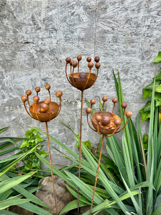 Rustic Metal Exotic Flowers Set of 3, Handmade Garden Decor, Outdoor Yard Art, Unique Landscaping Accent, Rusty Flower Rain Catchers Gift