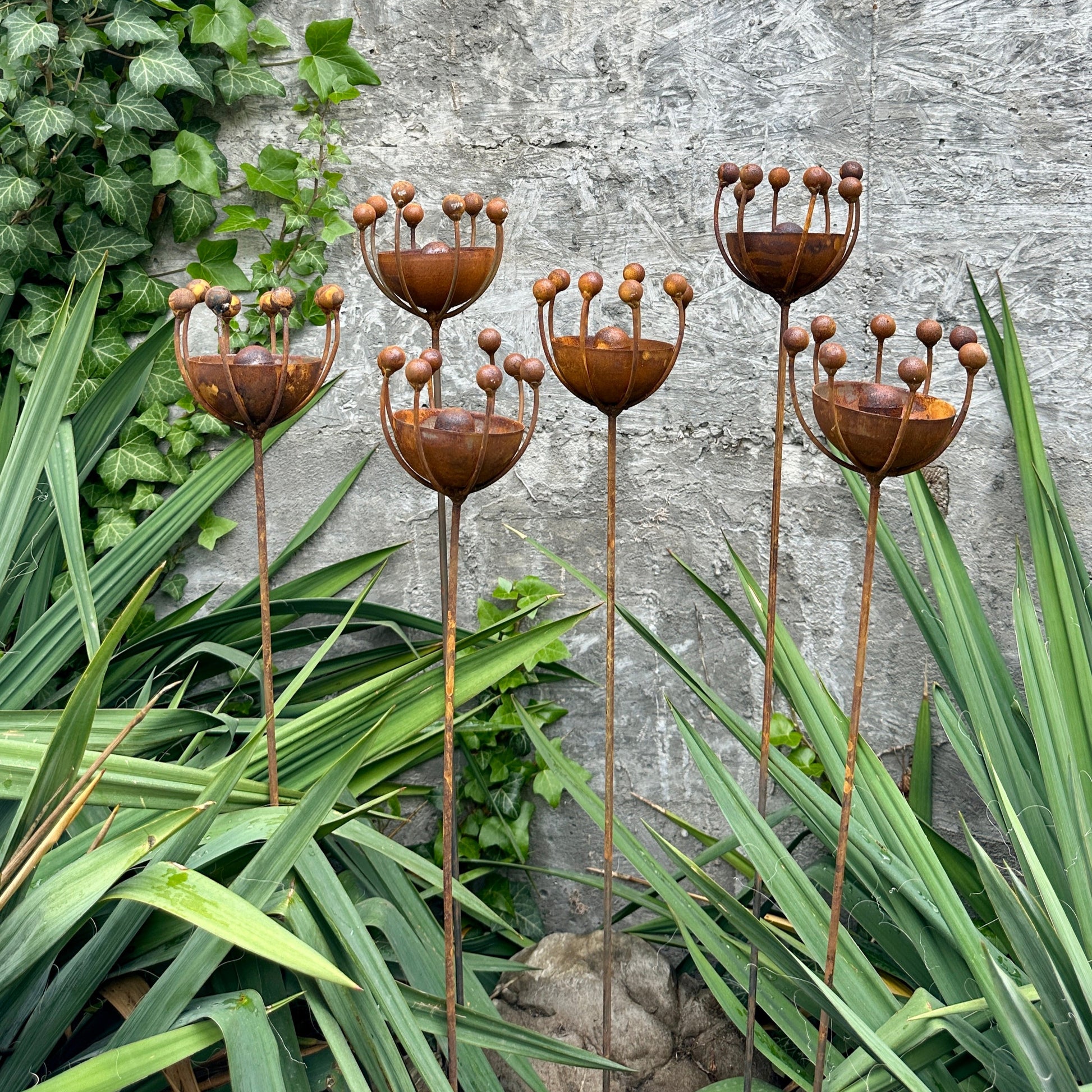 Rustic Metal Exotic Flowers Set of 6 Garden Sculptures Bee Butterfly Rain Catchers Handmade Outdoor Decor Yard Art Landscaping Gift