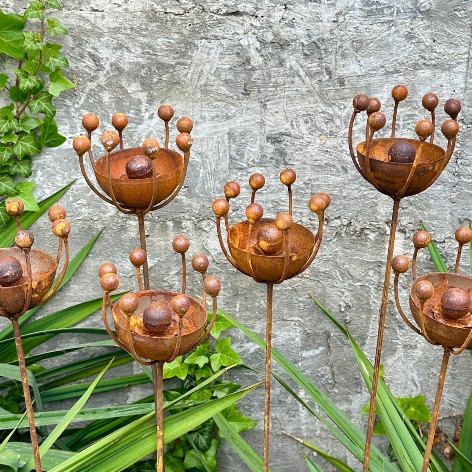 Rustic Metal Exotic Flowers Set of 6 Garden Sculptures Bee Butterfly Rain Catchers Handmade Outdoor Decor Yard Art Landscaping Gift