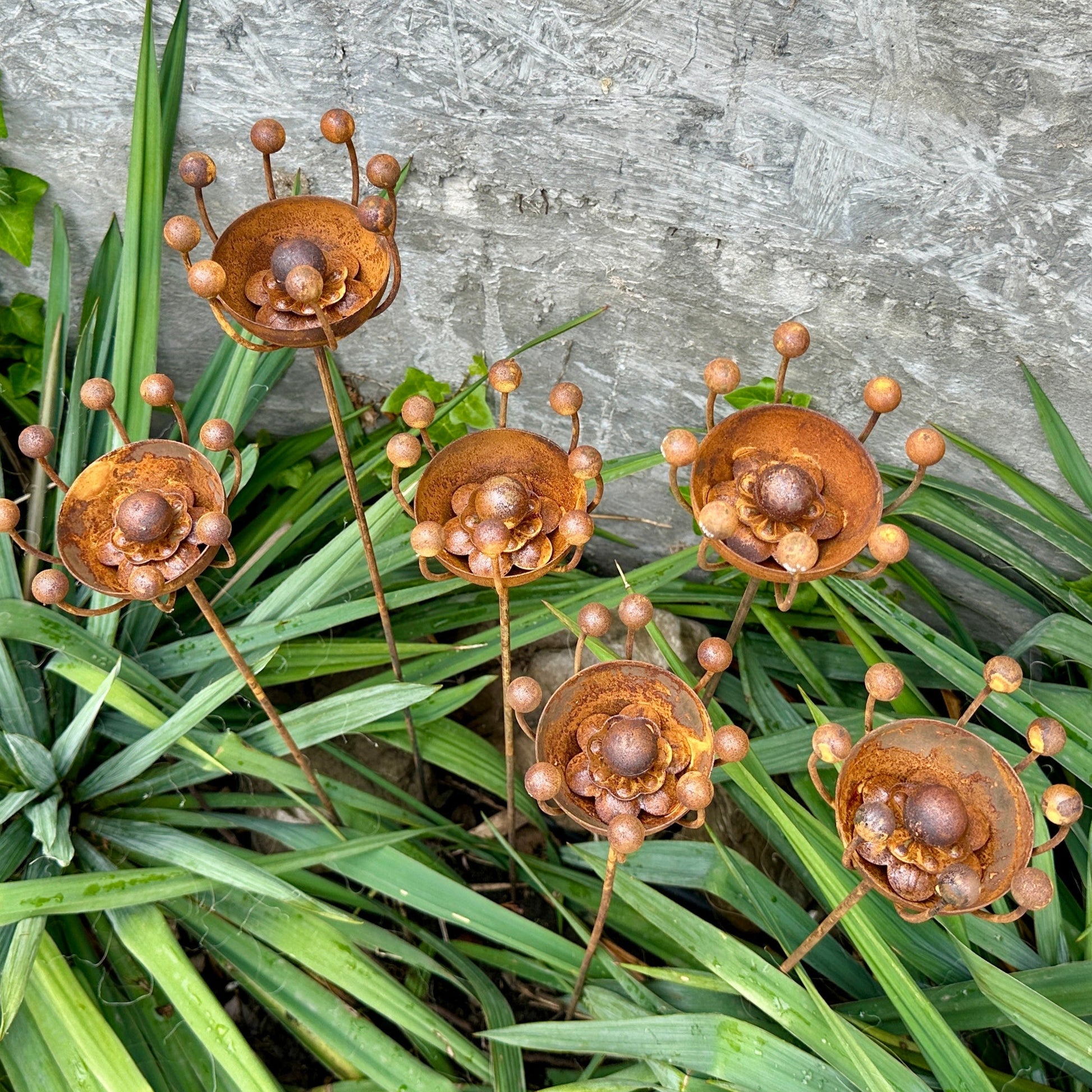 Rustic Metal Exotic Flowers Set of 6 Garden Sculptures Bee Butterfly Rain Catchers Handmade Outdoor Decor Yard Art Landscaping Gift