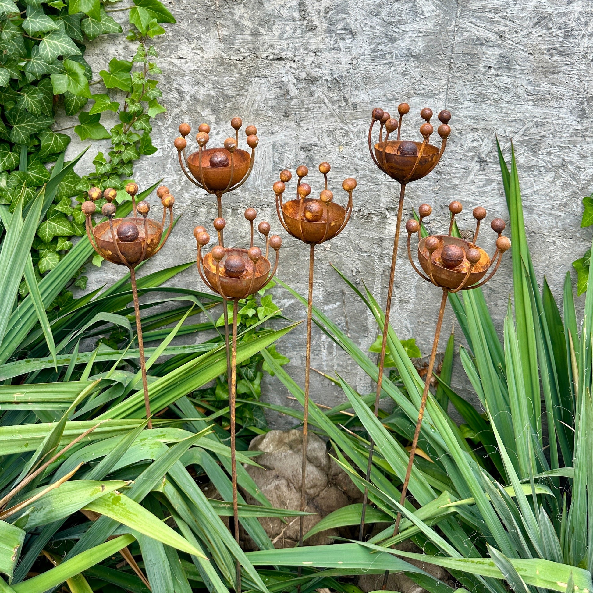 Rustic Metal Exotic Flowers Set of 6 Garden Sculptures Bee Butterfly Rain Catchers Handmade Outdoor Decor Yard Art Landscaping Gift