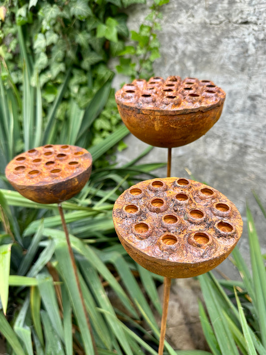 Set of 3 Rustic Metal Lotus Flowers, Garden Decorations, Handmade Sculptures, Rustic Landscaping, Garden Art, Bee and Butterflies Cups