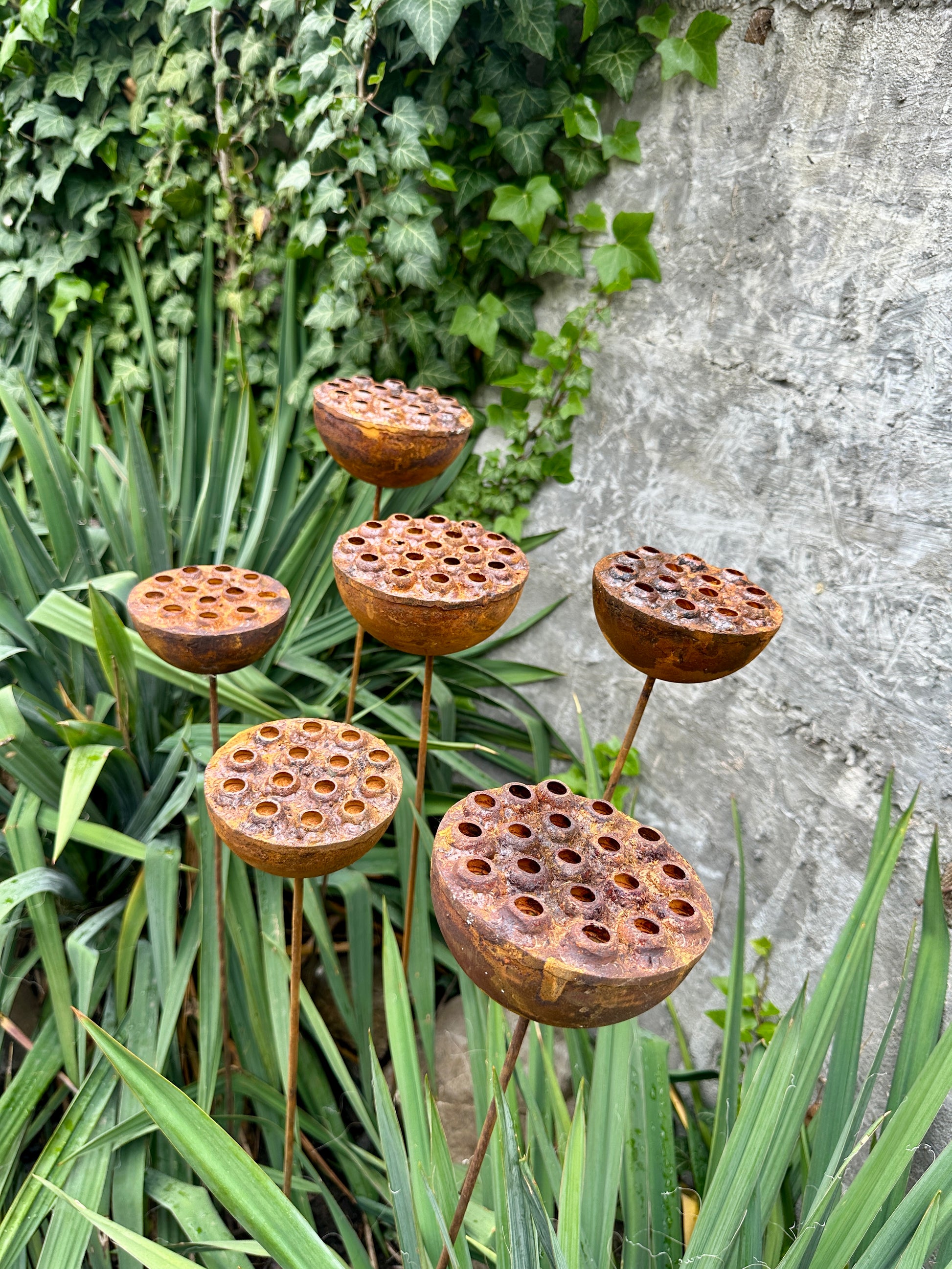Rustic Metal Lotus Flowers Set of 6, Handmade Garden Sculptures, Rain Catchers for Bees and Butterflies, Outdoor Yard Art, Landscaping Gift