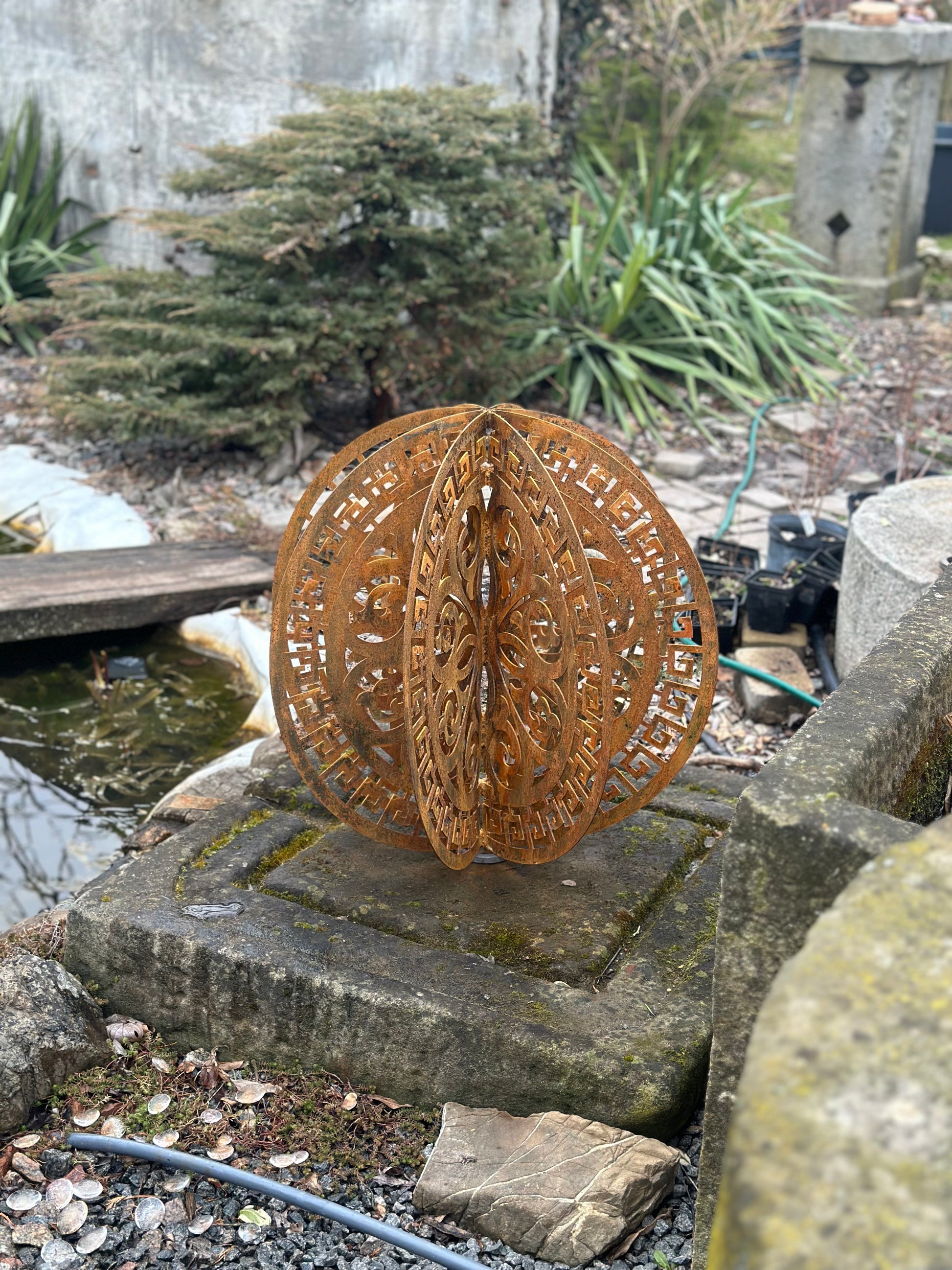 Rusty Metal Sphere Outdoor Garden Decor - Laser Cutting Pattern Big 20ʼʼ Garden Globe Sculpture