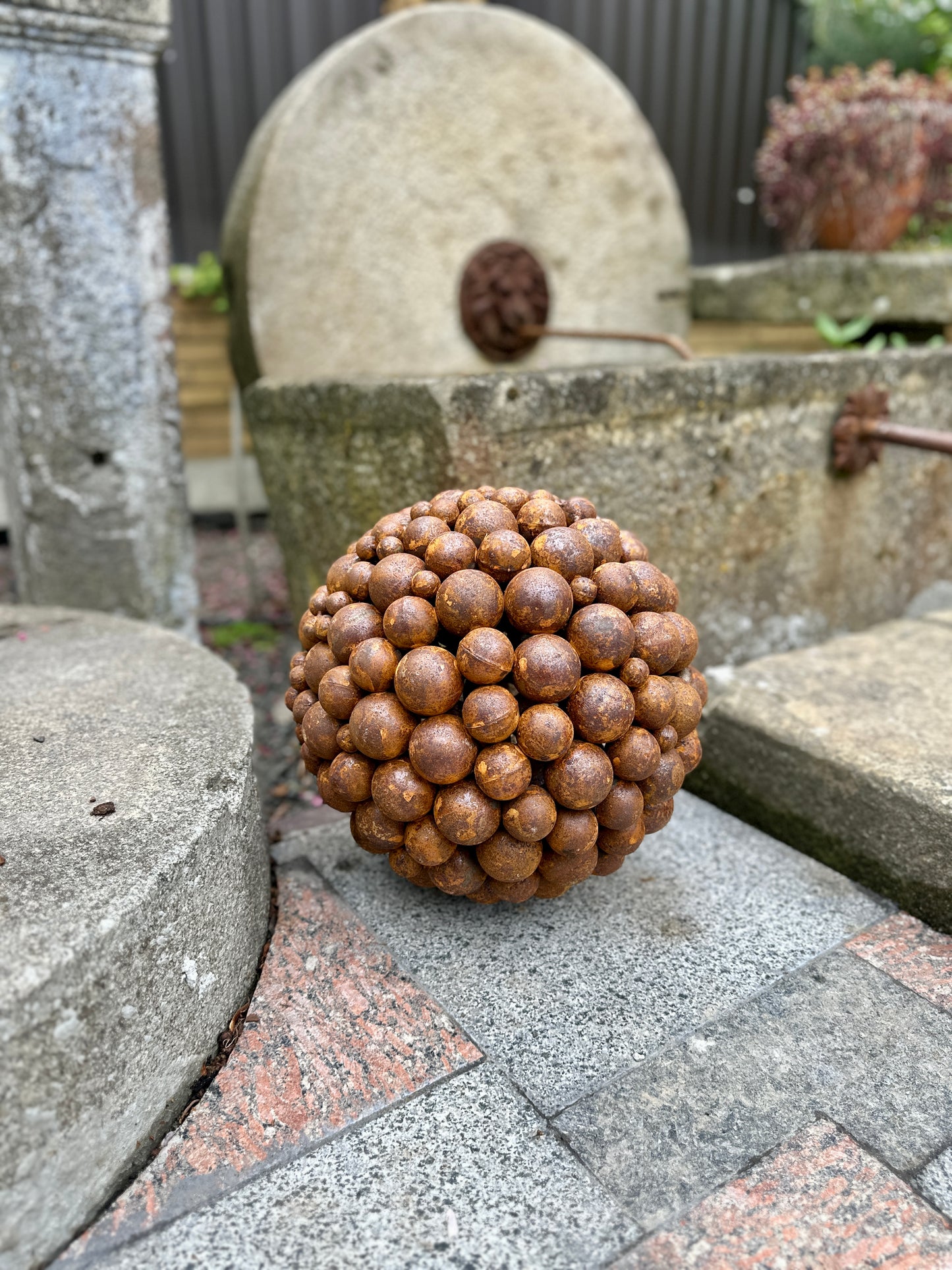 14" Rusty Metal Garden Sphere – Handcrafted Weathered Steel Ball for Outdoor Decor, Modern Yard Art, Rustic Lawn Sculpture