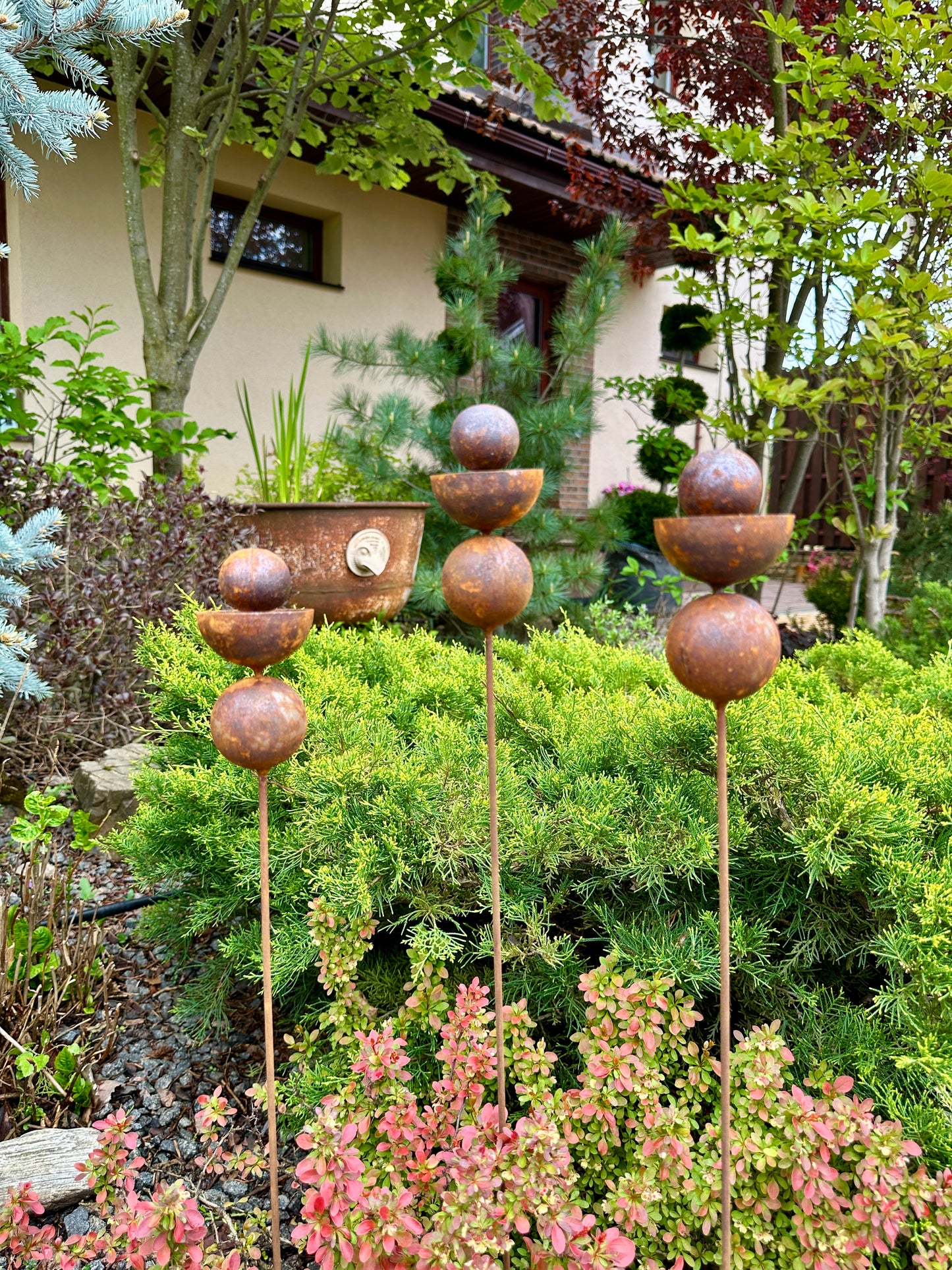 Rusty Flower Buds Set of 3, Garden Stakes, Metal Yard Art, Outdoor Garden Decor, Rustic Metal Sculpture Rusty Rain Catchers Unique Gift