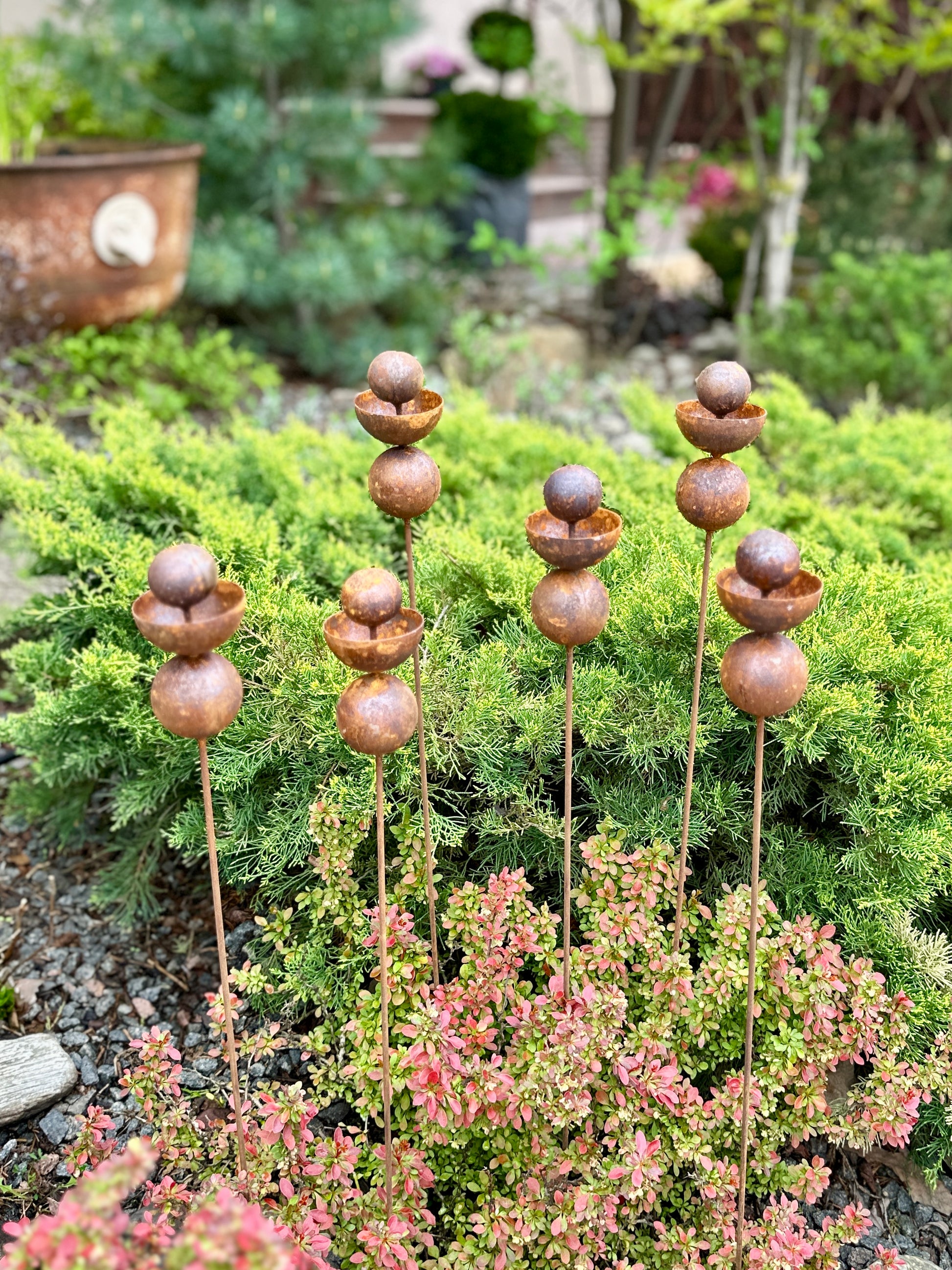 Set of 6 Rusty Metal Flowers, Garden Decorations, Handmade Outdoor Decor for Backyards, Rustic Landscaping, Garden Art, Bee Butterfly Cups