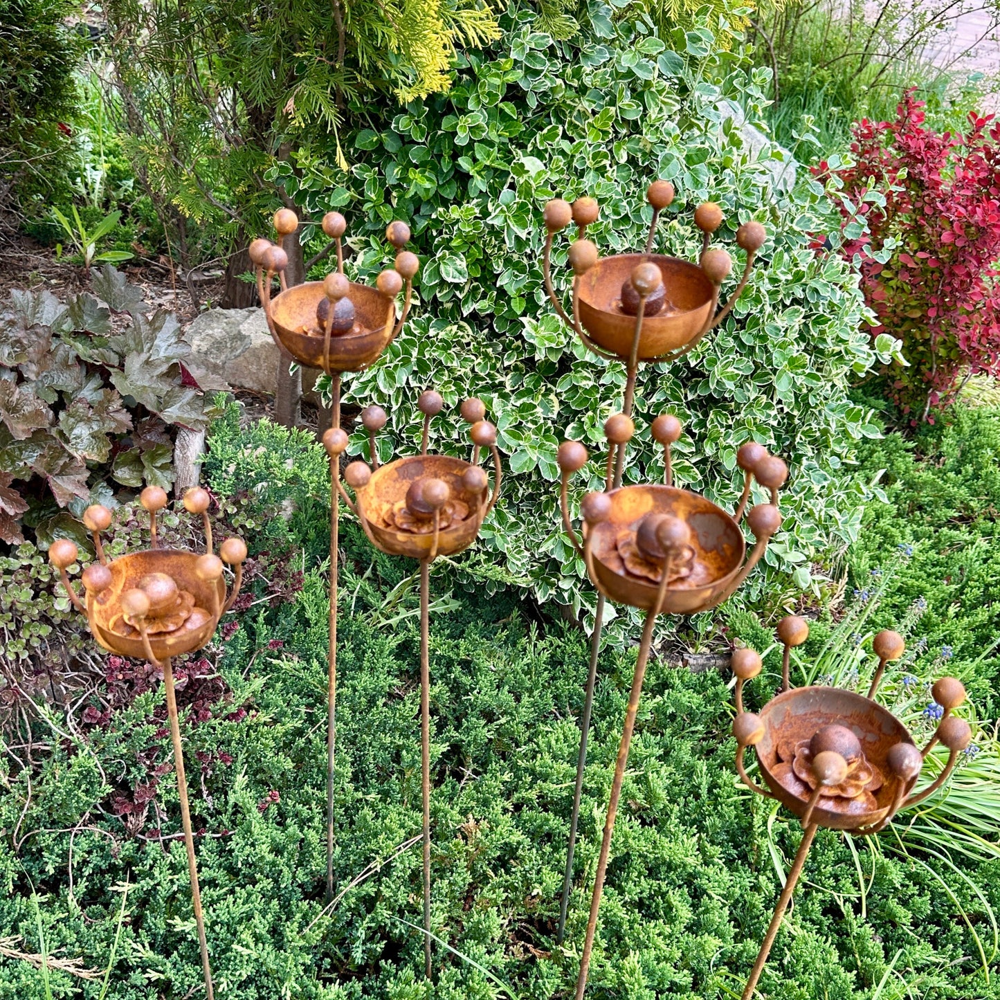 Rustic Metal Exotic Flowers Set of 6 Garden Sculptures Bee Butterfly Rain Catchers Handmade Outdoor Decor Yard Art Landscaping Gift