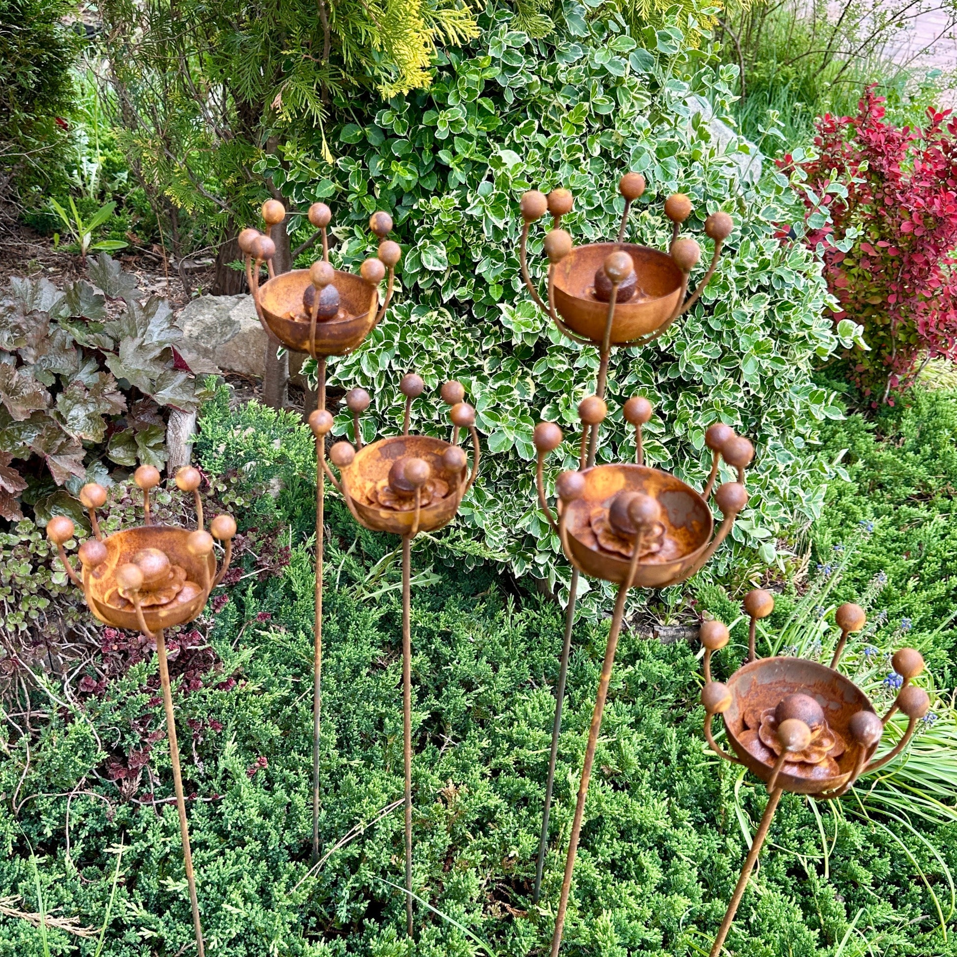 Rustic Metal Exotic Flowers Set of 6 Garden Sculptures Bee Butterfly Rain Catchers Handmade Outdoor Decor Yard Art Landscaping Gift