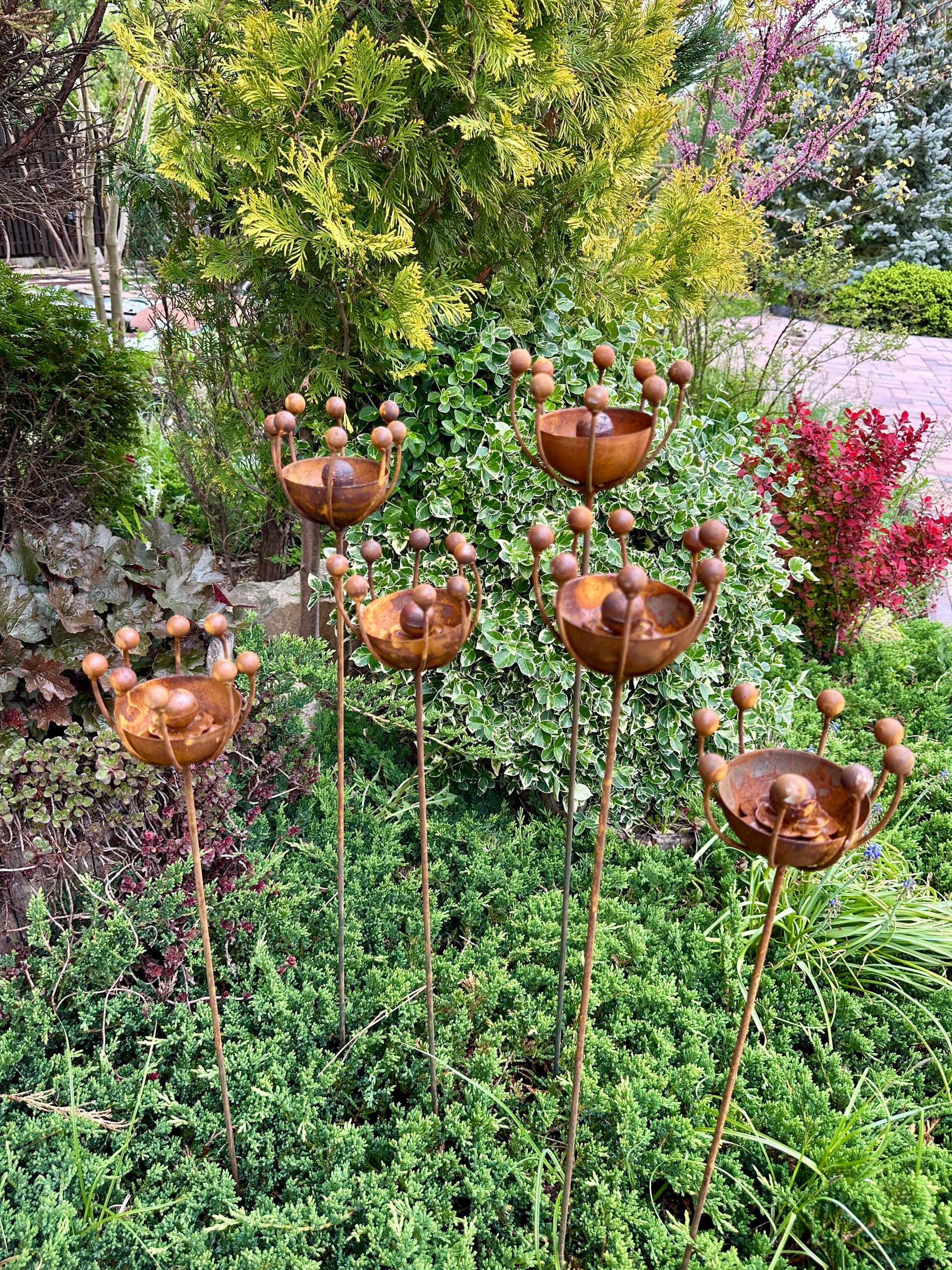Rustic Metal Exotic Flowers Set of 6 Garden Sculptures Bee Butterfly Rain Catchers Handmade Outdoor Decor Yard Art Landscaping Gift