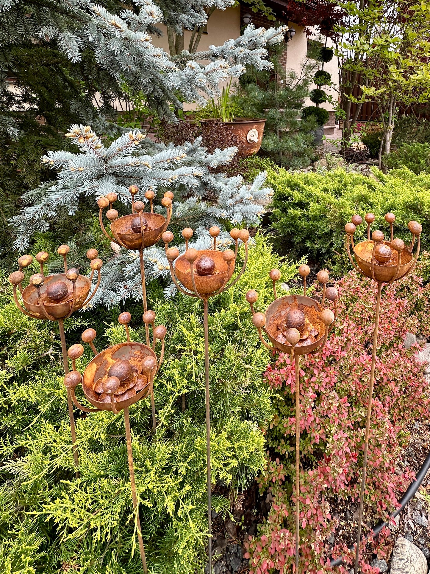 Rustic Metal Exotic Flowers Set of 6 Garden Sculptures Bee Butterfly Rain Catchers Handmade Outdoor Decor Yard Art Landscaping Gift