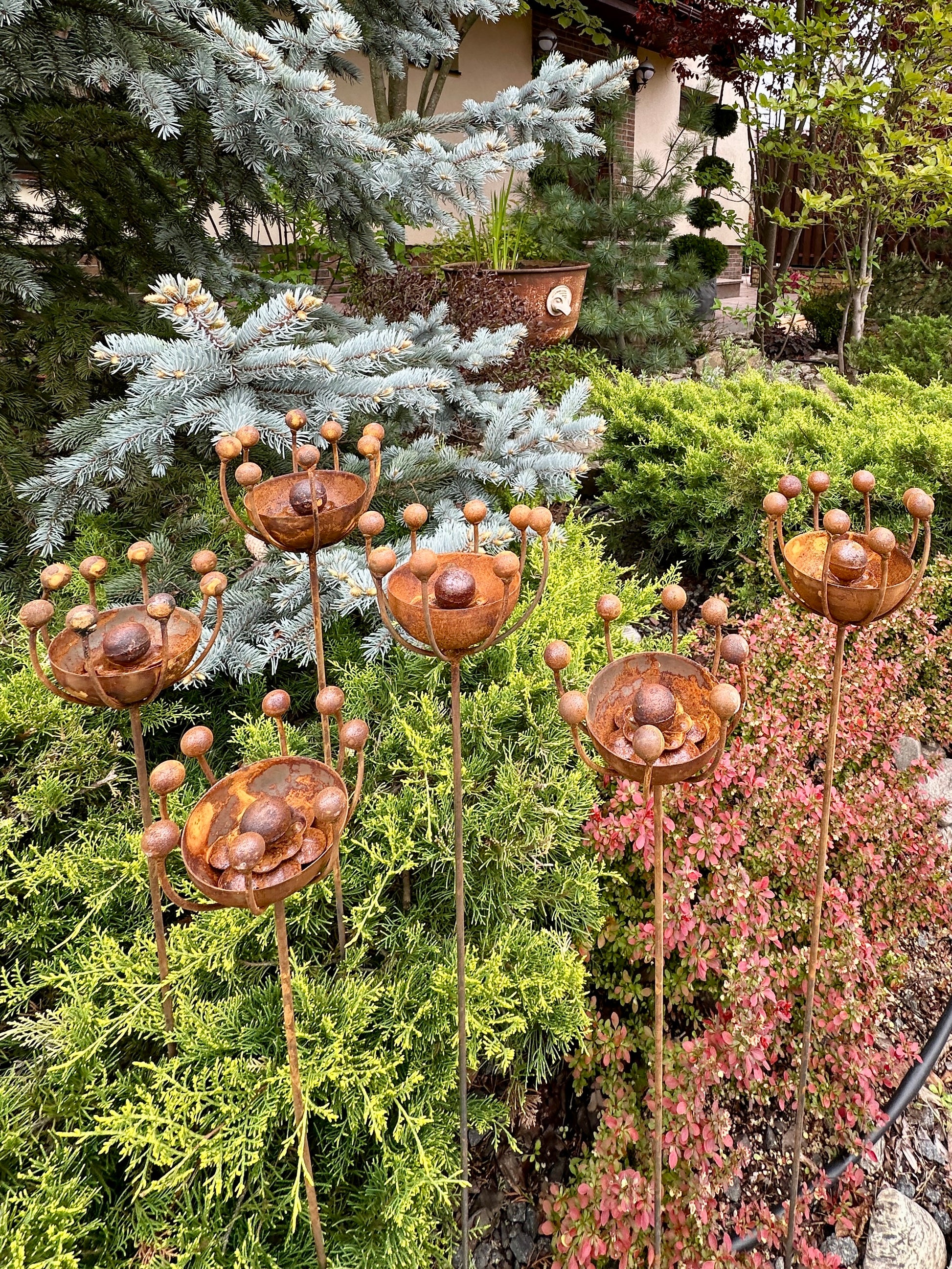 Rustic Metal Exotic Flowers Set of 6 Garden Sculptures Bee Butterfly Rain Catchers Handmade Outdoor Decor Yard Art Landscaping Gift