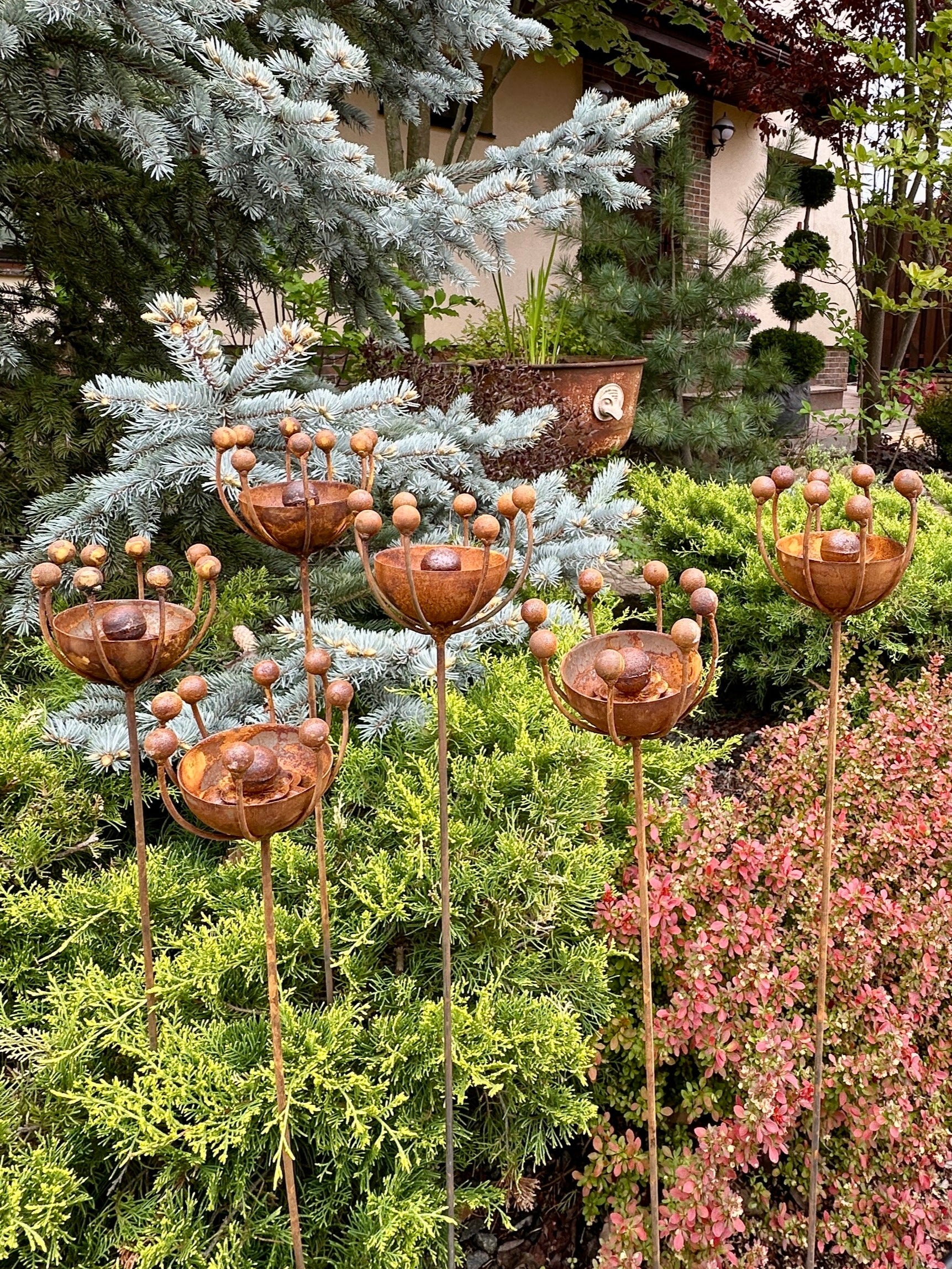 Rustic Metal Exotic Flowers Set of 6 Garden Sculptures Bee Butterfly Rain Catchers Handmade Outdoor Decor Yard Art Landscaping Gift