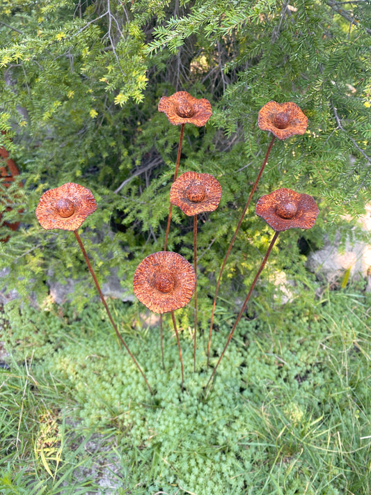 Rusty flowers set of 6, Poppy flowers garden stakes, Metal garden decor, metal yard art, outdoor metal decor, Rusty metal garden decor