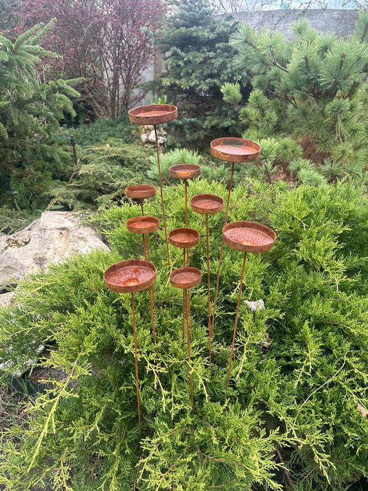 Rusty flowers set of 10, Metal rain catchers, yard art, outdoor metal decor, Rusty metal garden stakes