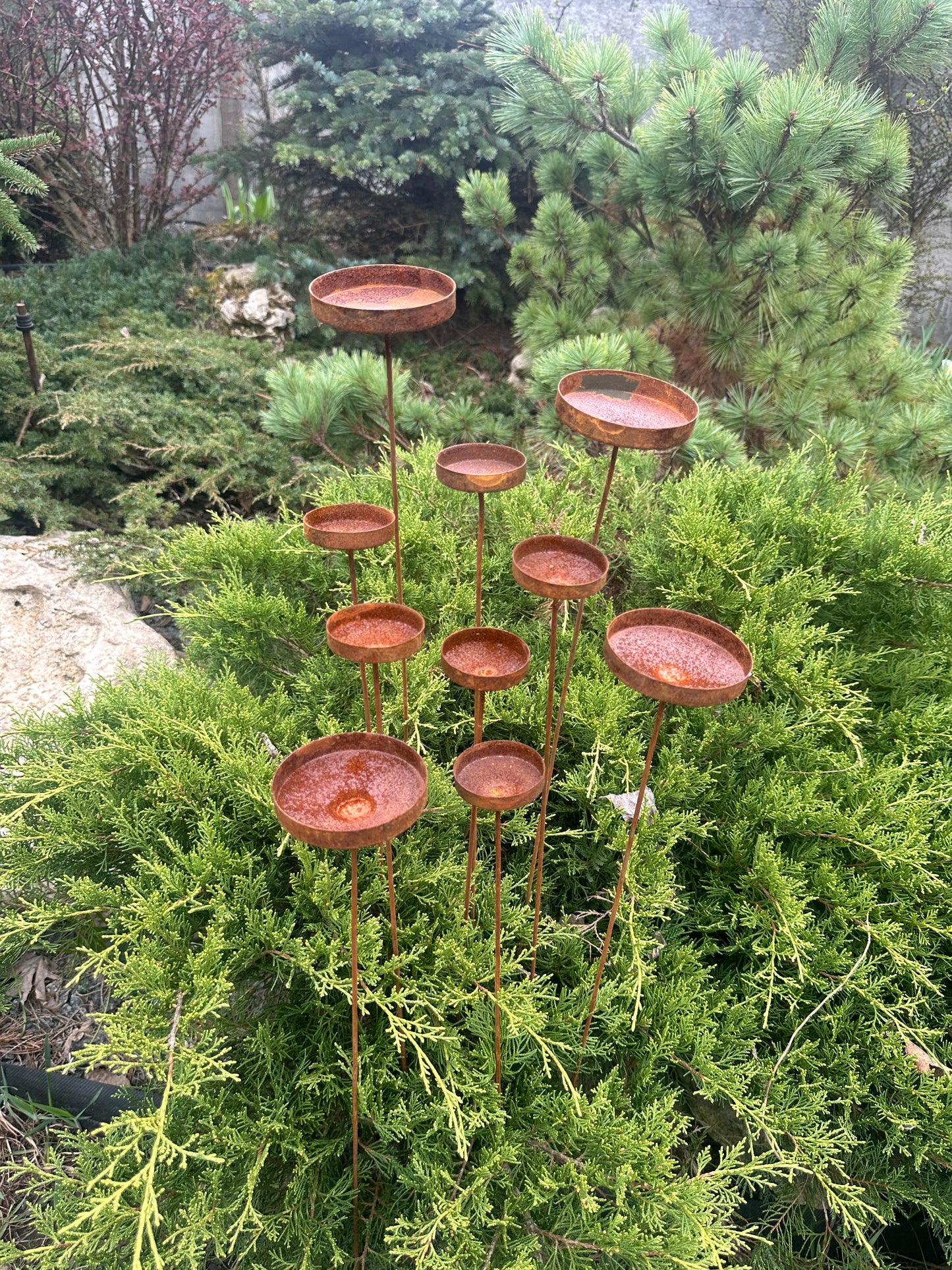 Rusty flowers set of 10, Metal rain catchers, yard art, outdoor metal decor, Rusty metal garden stakes