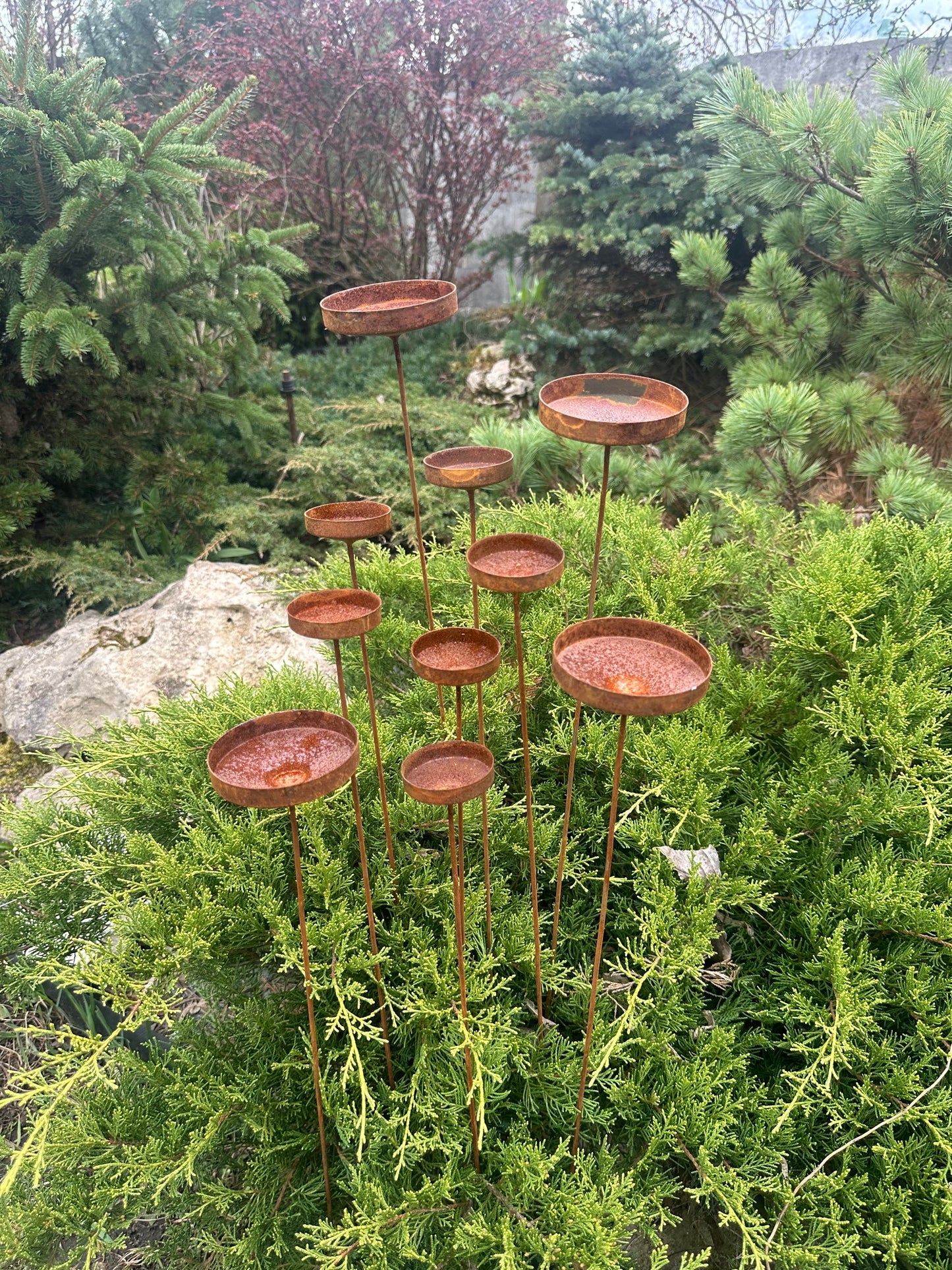 Rusty flowers set of 10, Metal rain catchers, yard art, outdoor metal decor, Rusty metal garden stakes