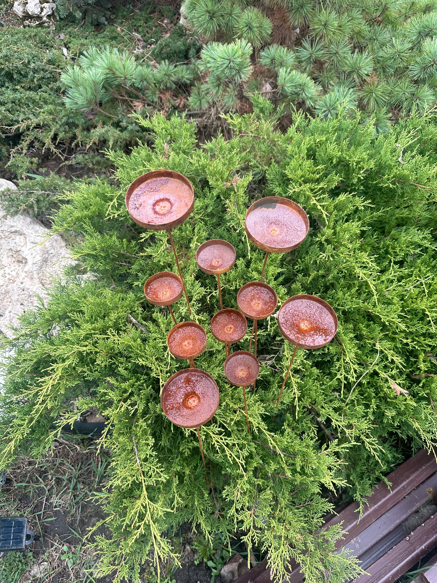 Rusty flowers set of 10, Metal rain catchers, yard art, outdoor metal decor, Rusty metal garden stakes