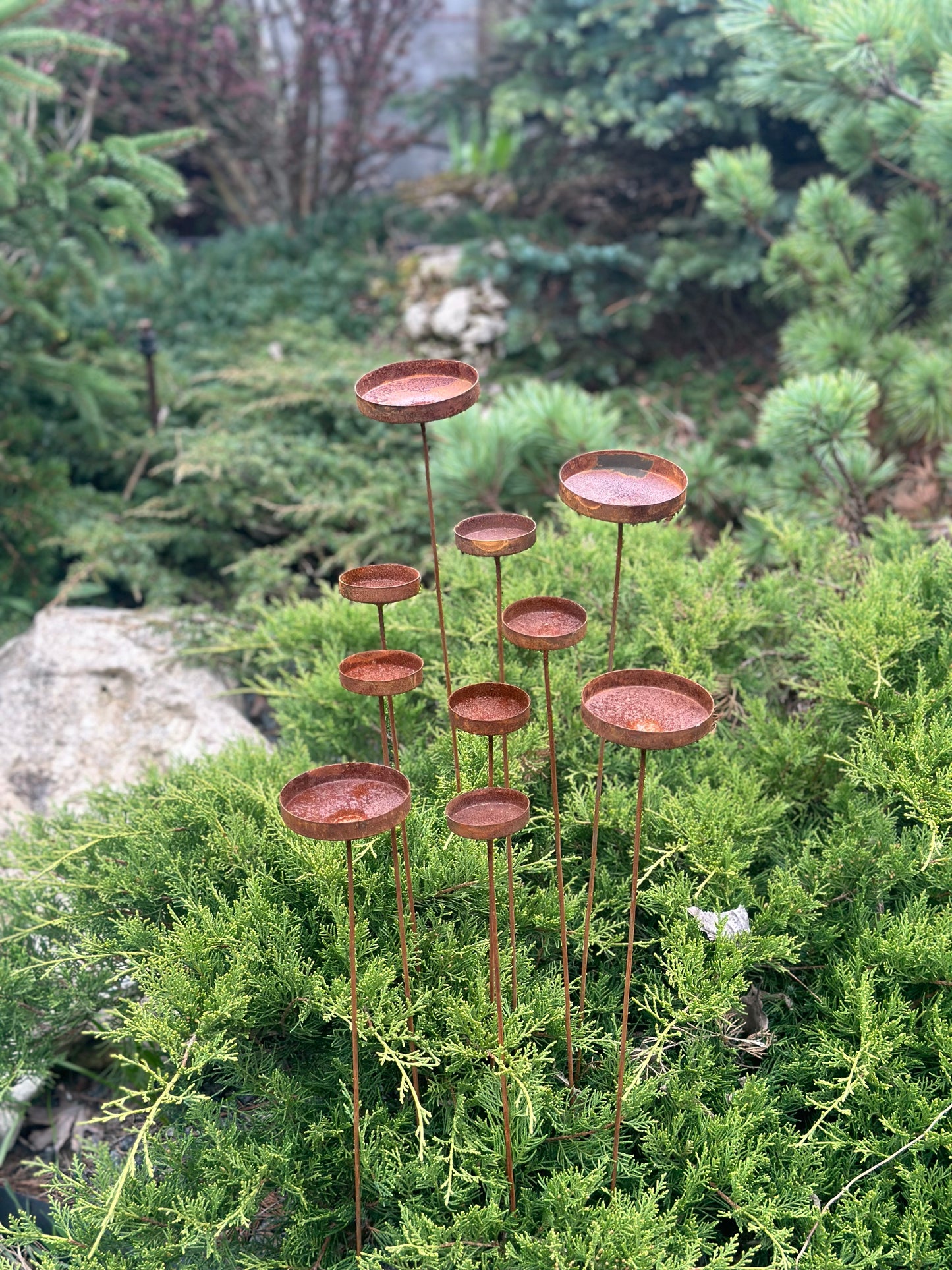 Rusty flowers set of 10, Metal rain catchers, yard art, outdoor metal decor, Rusty metal garden stakes