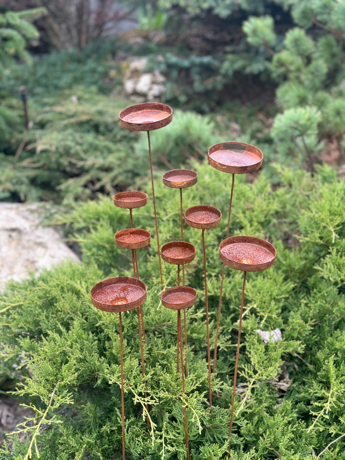 Rusty flowers set of 10, Metal rain catchers, yard art, outdoor metal decor, Rusty metal garden stakes