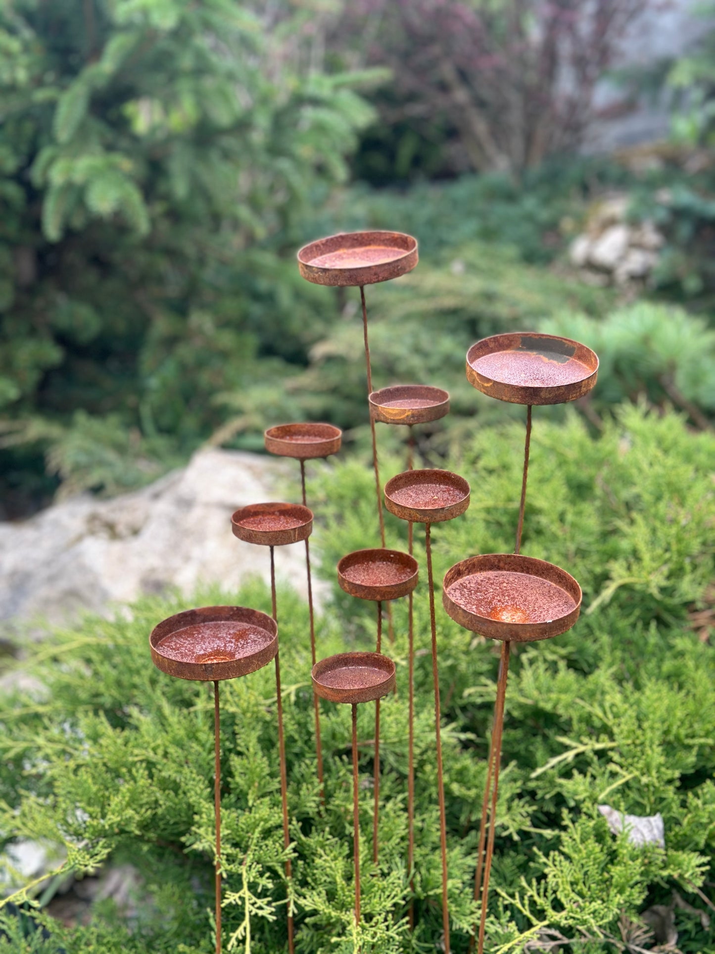 Rusty flowers set of 10, Metal rain catchers, yard art, outdoor metal decor, Rusty metal garden stakes