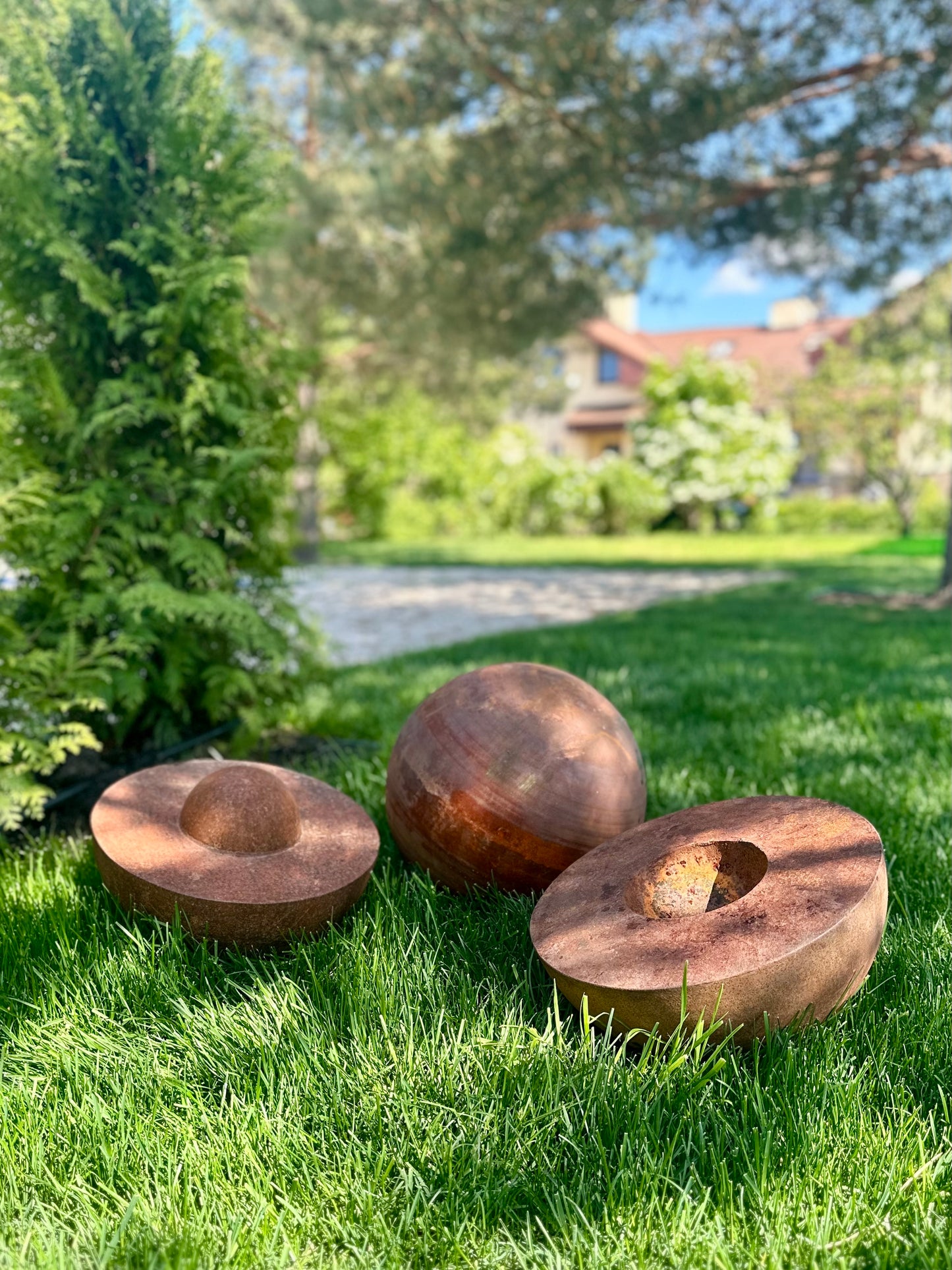 Set of 3 Rusty Metal Sculptures, 14” Minimalist Outdoor Art, Yard Decor Lawn Ornaments, Rustic Garden Accent