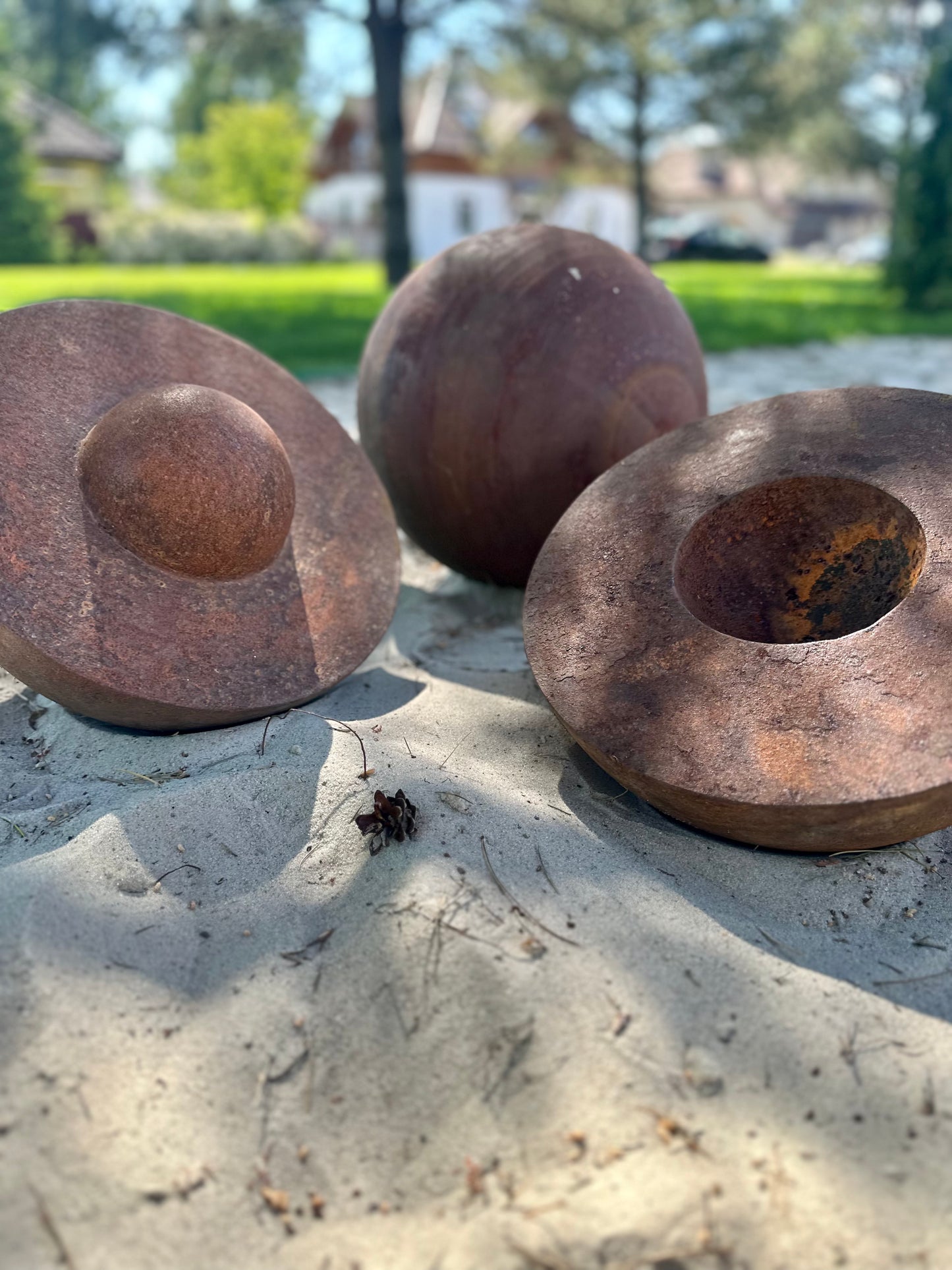 Set of 3 Rusty Metal Sculptures, 14” Minimalist Outdoor Art, Yard Decor Lawn Ornaments, Rustic Garden Accent
