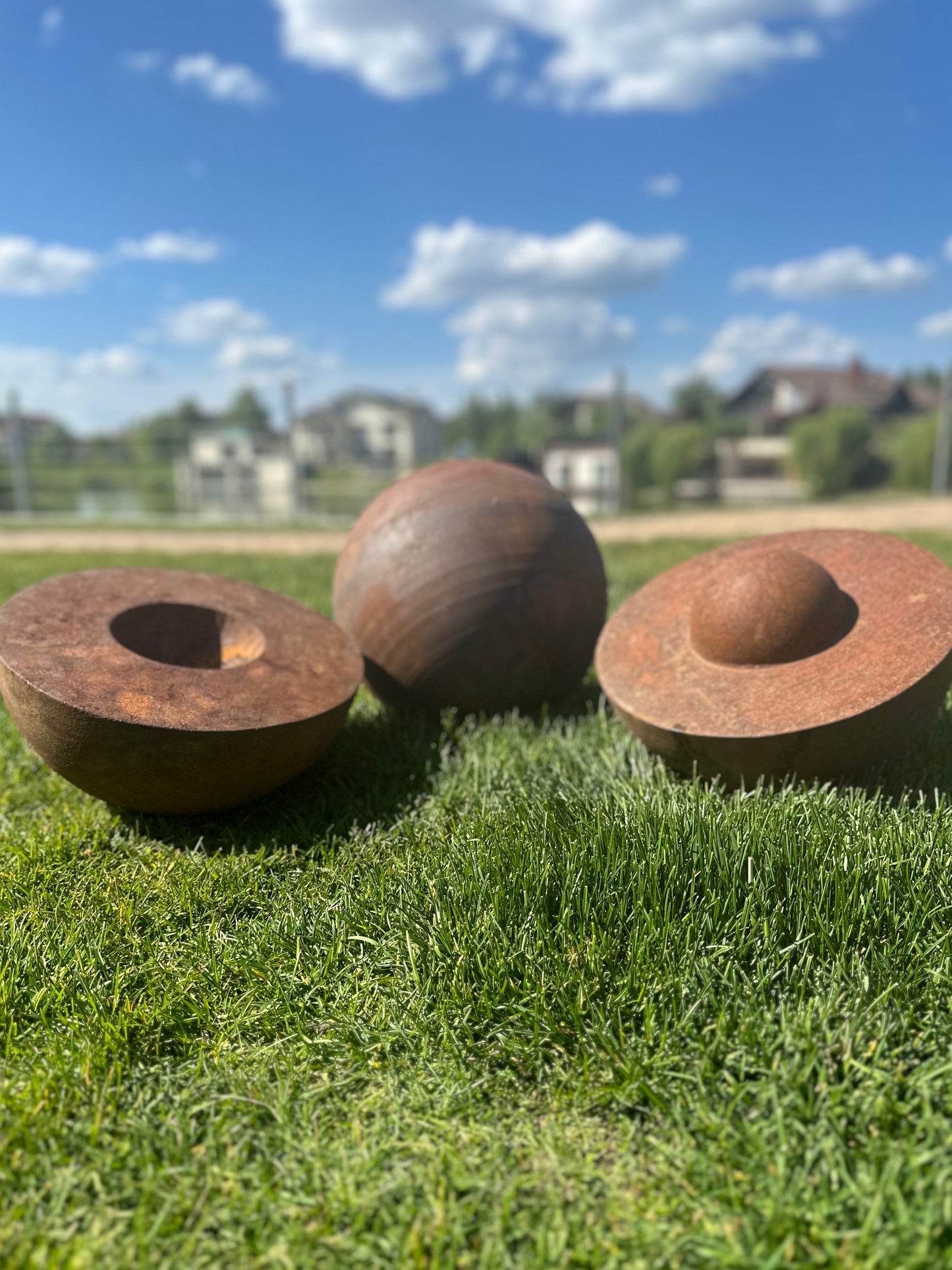 Set of 3 Rusty Metal Sculptures, 14” Minimalist Outdoor Art, Yard Decor Lawn Ornaments, Rustic Garden Accent