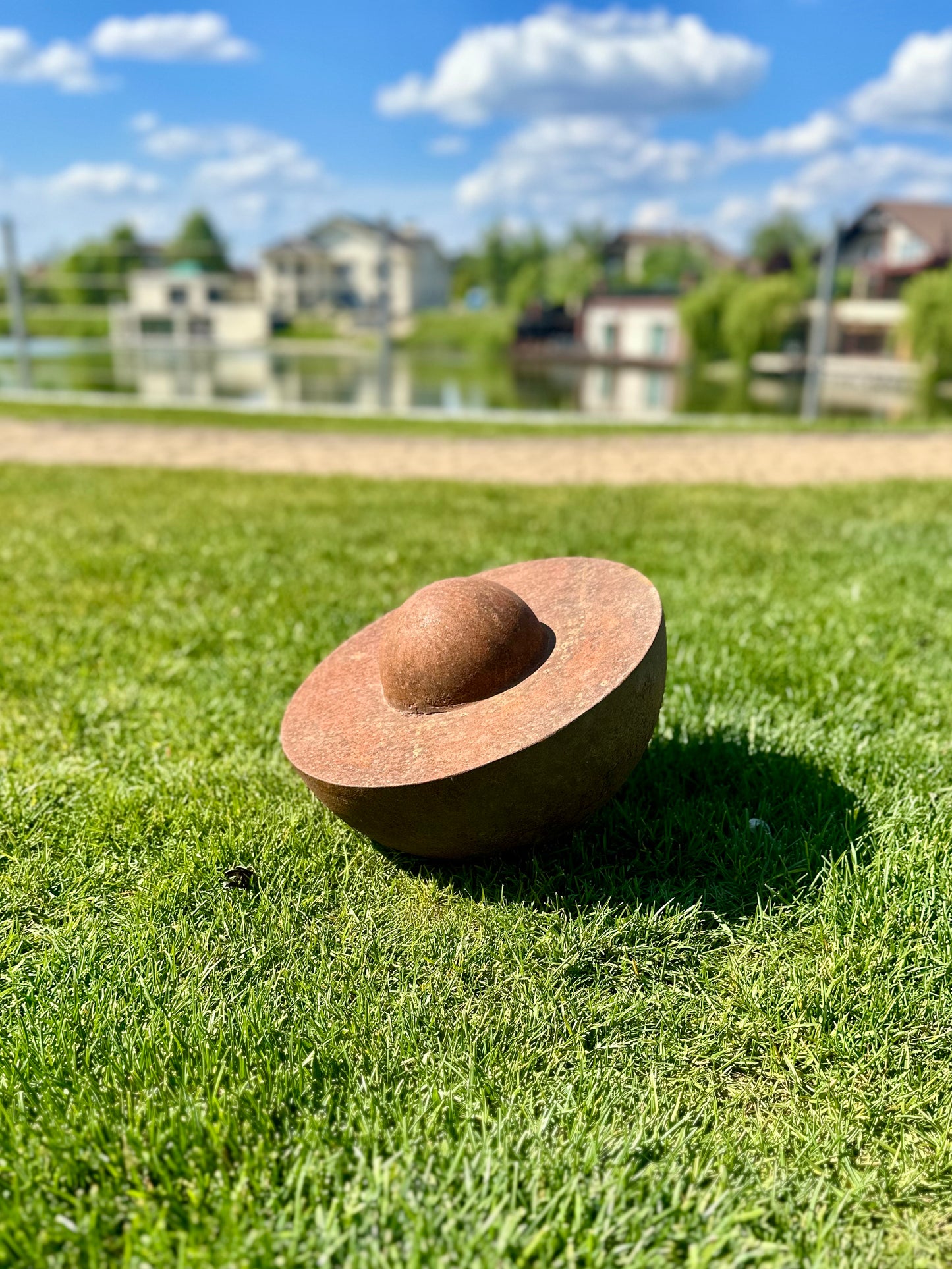 Unique Garden Accent: Contemporary Rusty Metal 14' Half Sphere Outdoor Sculpture - Minimalistic Art