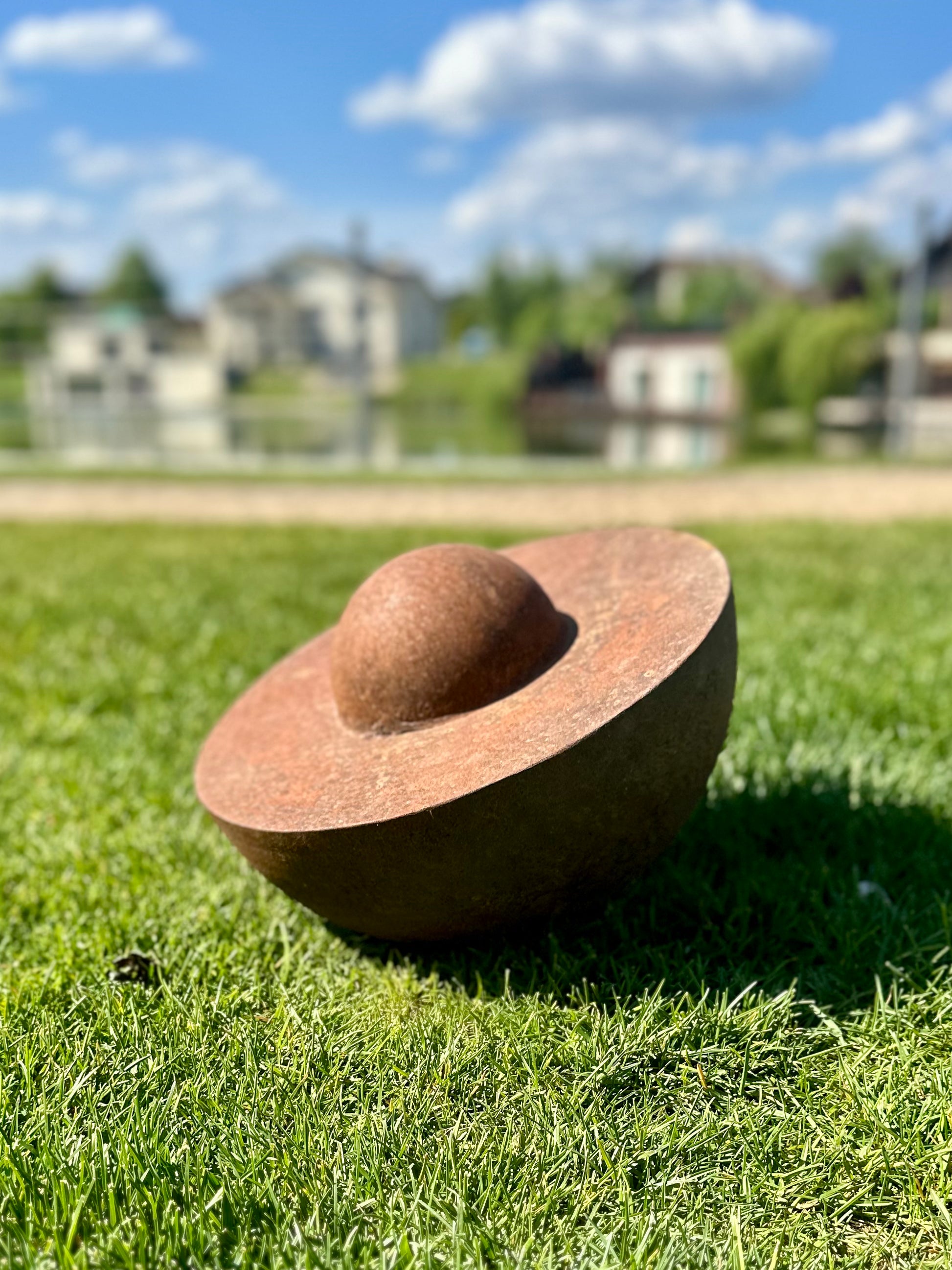 Unique Garden Accent: Contemporary Rusty Metal 14' Half Sphere Outdoor Sculpture - Minimalistic Art