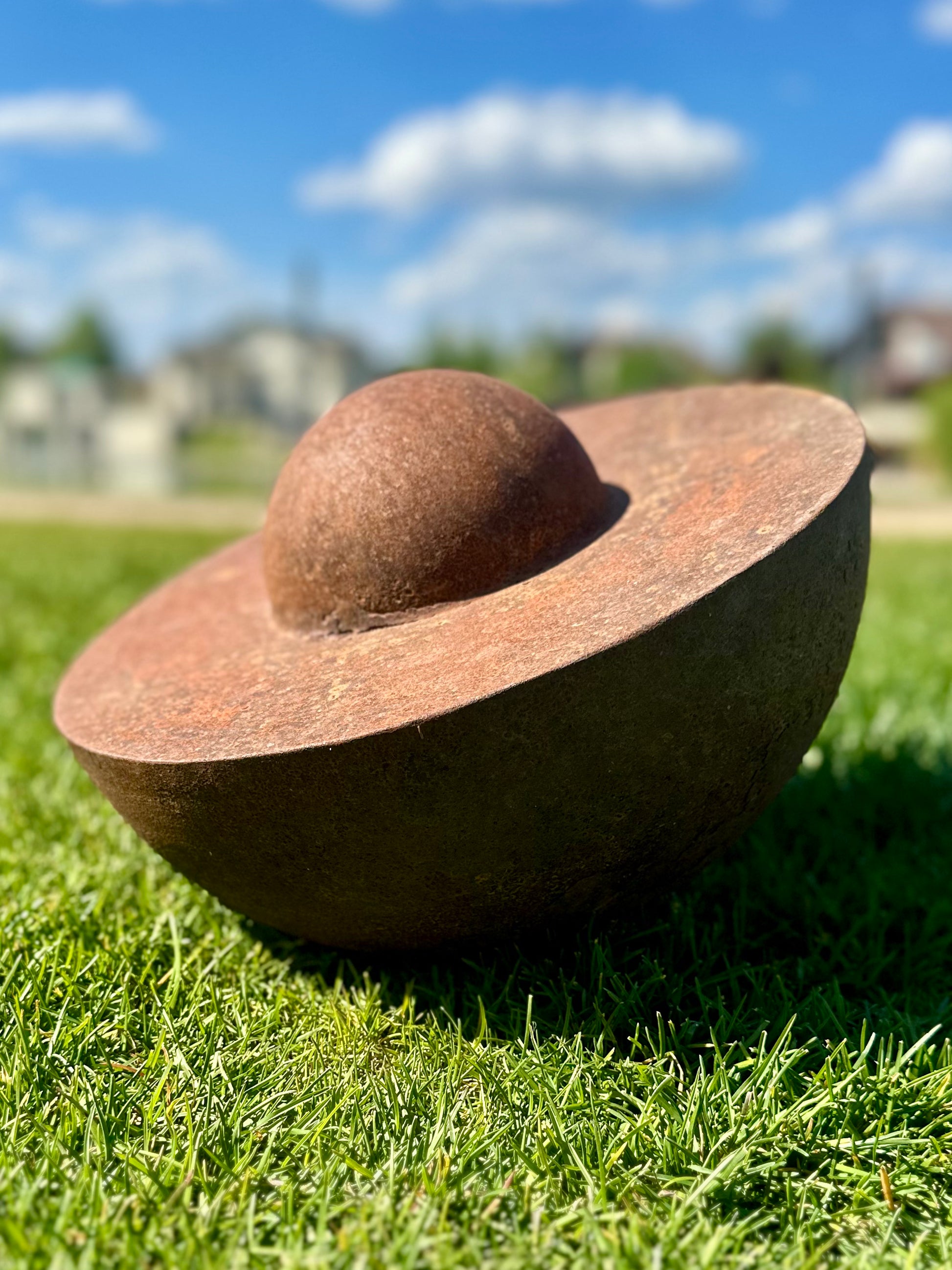 Unique Garden Accent: Contemporary Rusty Metal 14' Half Sphere Outdoor Sculpture - Minimalistic Art