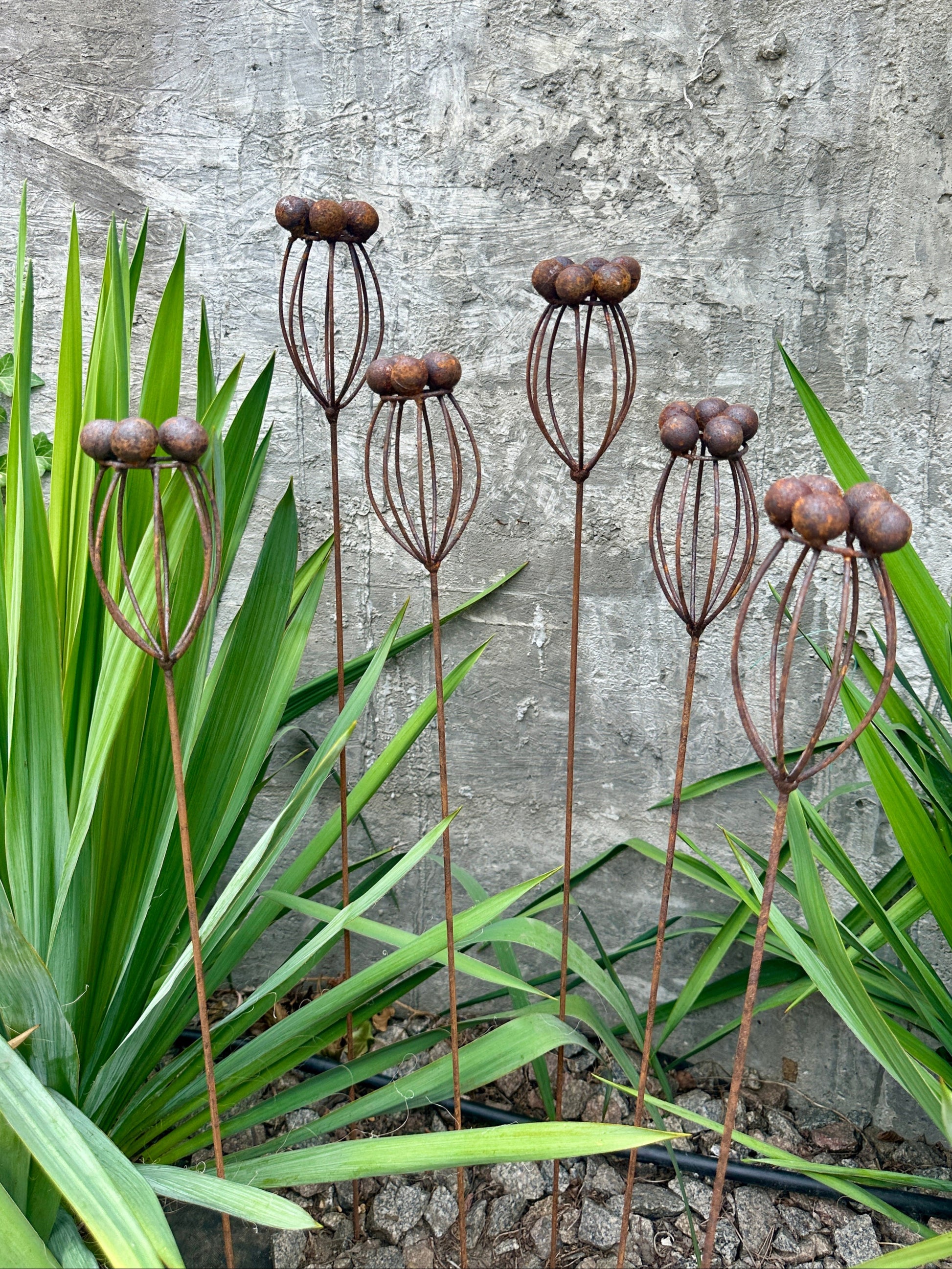 Rustic Metal Exotic Flowers Set of 6 Garden Sculptures Bee Butterfly Rain Catchers Handmade Outdoor Decor Yard Art Landscaping Gift