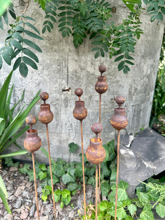 Set of 6 Rusty Metal Flowers, Garden Decorations, Handmade Outdoor Decor for Backyards, Rustic Landscaping, Garden Art, Bee Butterfly Cups