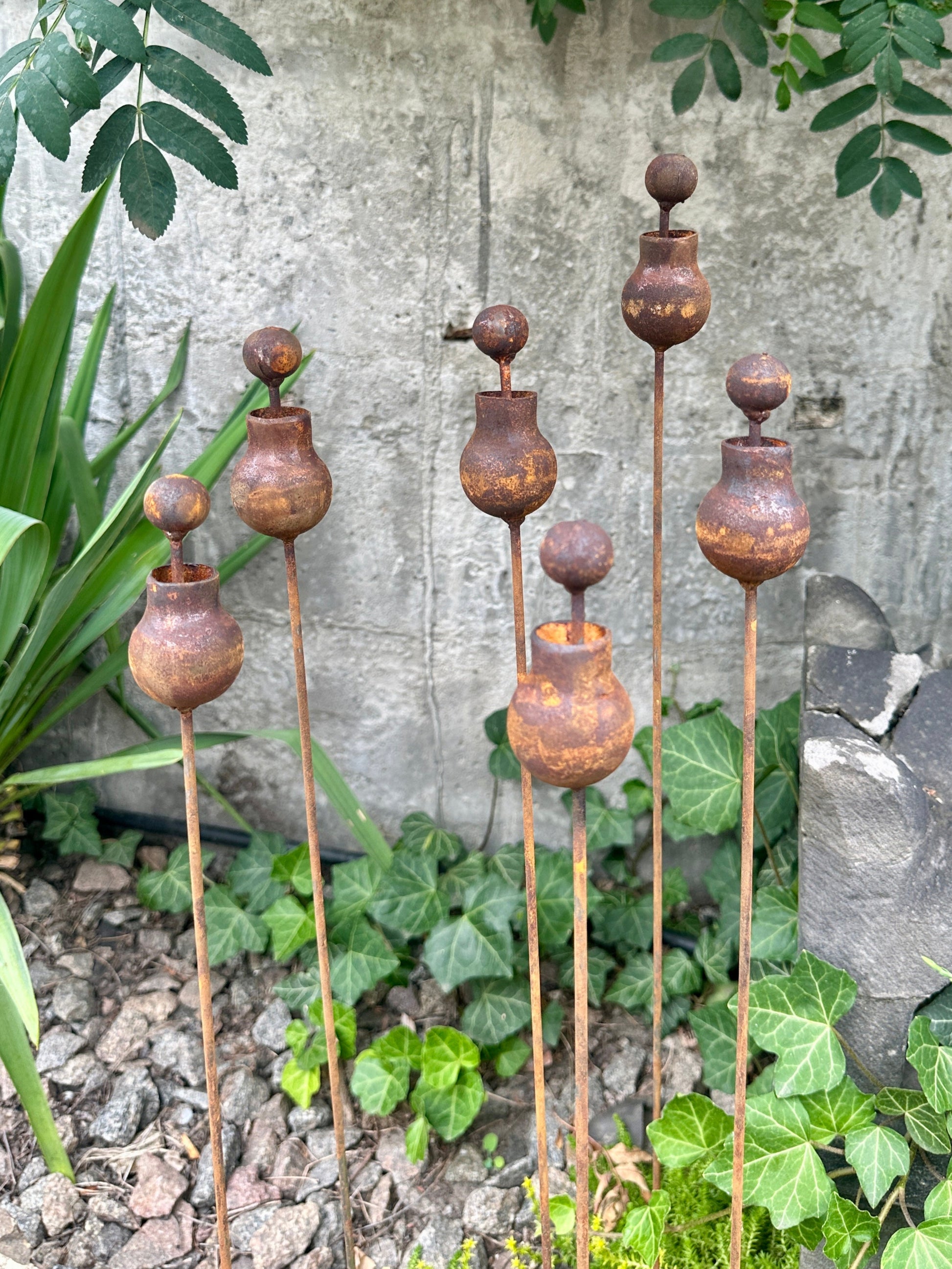 Set of 6 Rusty Metal Flowers, Garden Decorations, Handmade Outdoor Decor for Backyards, Rustic Landscaping, Garden Art, Bee Butterfly Cups