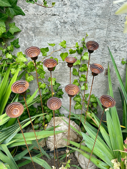 Rusty Metal Flowers Set of 10, Garden Decor, Handmade Outdoor Stakes, Rustic Yard Art, Landscaping Accents, Bee Butterfly Water Cups