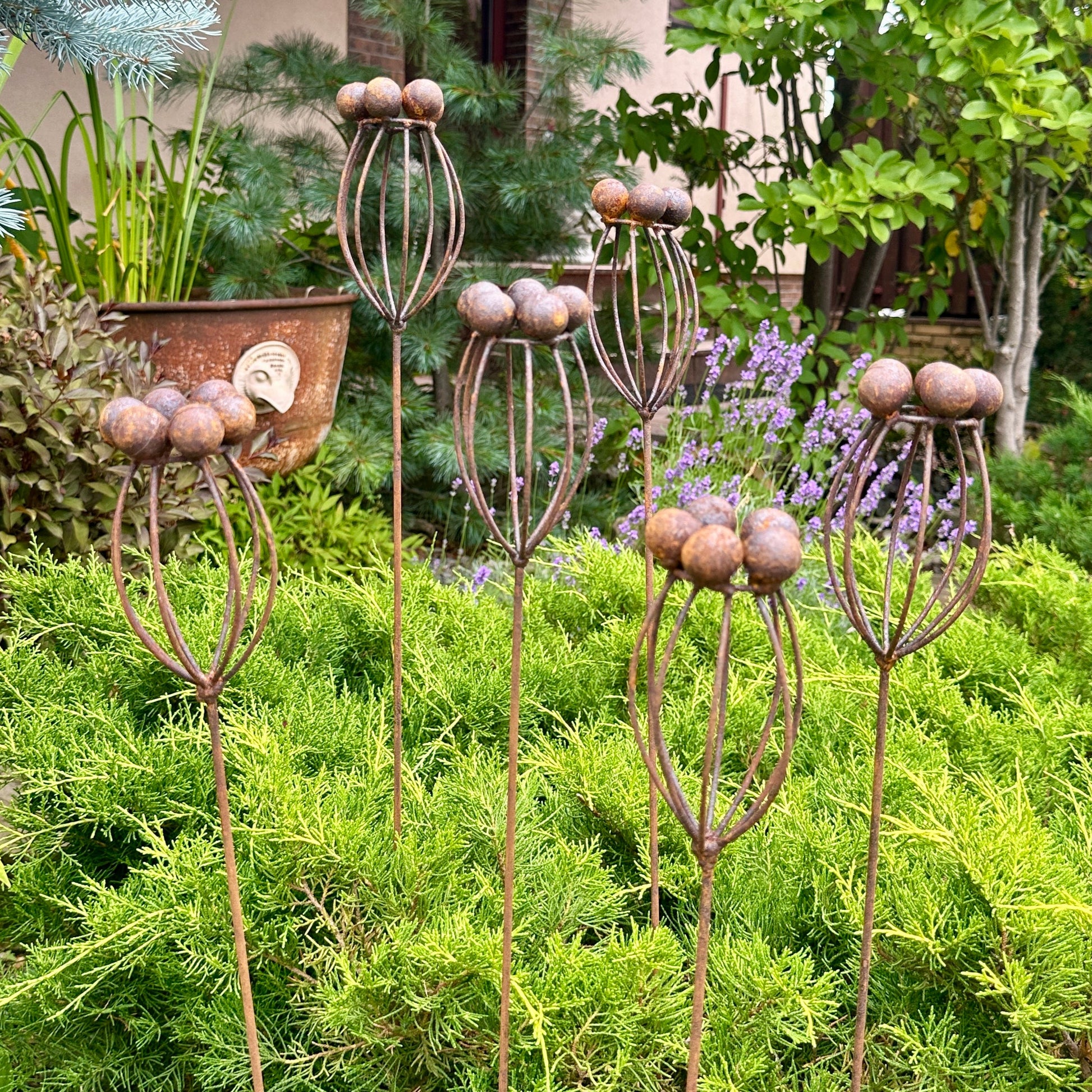 Rustic Metal Exotic Flowers Set of 6 Garden Sculptures Bee Butterfly Rain Catchers Handmade Outdoor Decor Yard Art Landscaping Gift